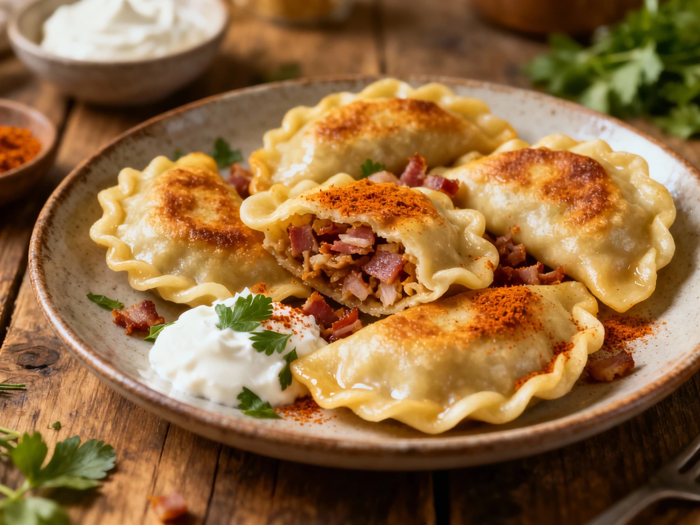 A plate of delicious Smoked Paprika and Bacon Pierogi, freshly pan-fried to a golden crisp. Garnished with crunchy bacon bits and fresh dill, served with a side of sour cream, showcasing the comforting and hearty nature of this Polish dish.