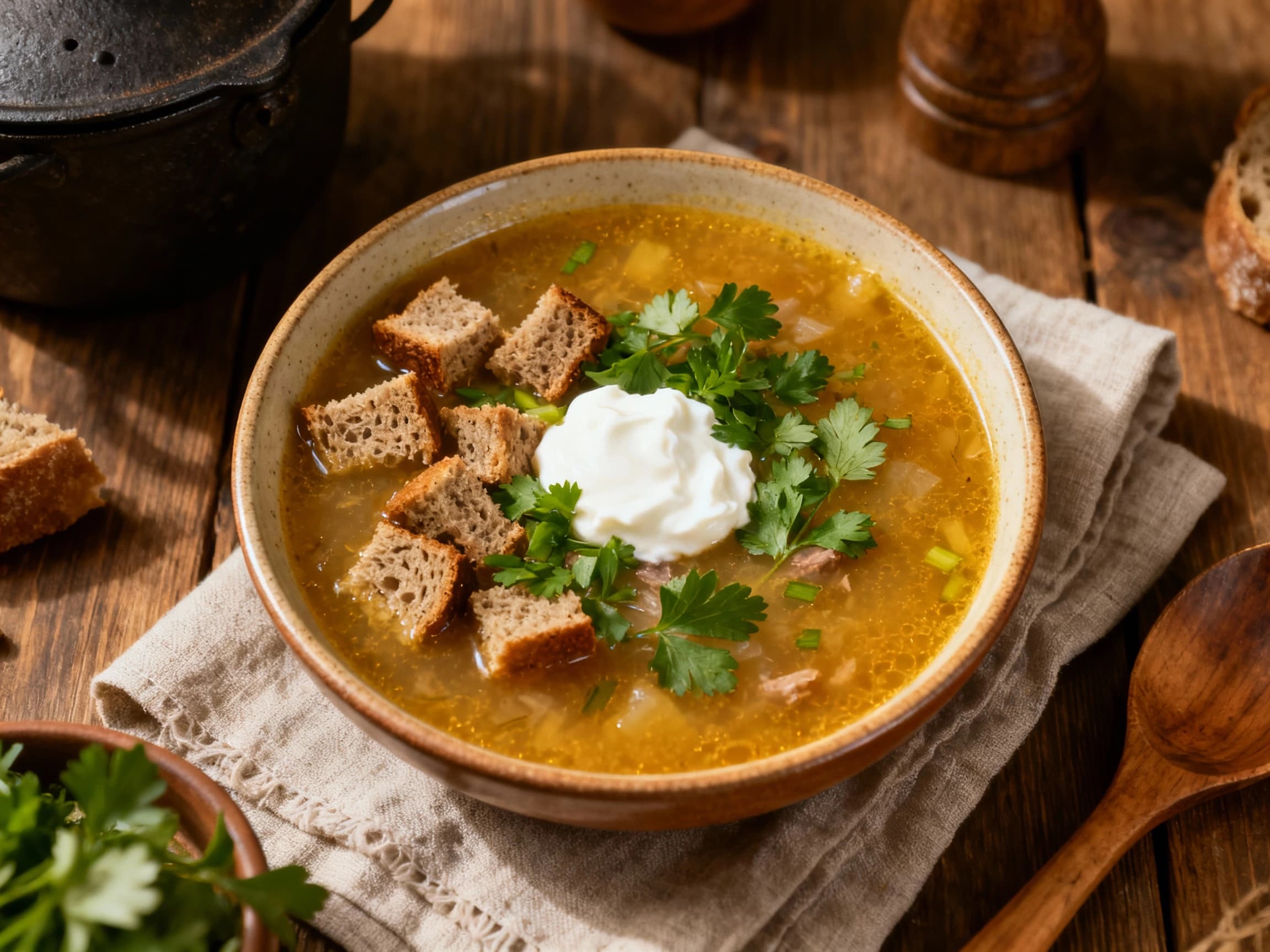 A hearty serving of Polish Żurek soup in a ceramic bowl, showcasing chunks of sausage and potatoes. The soup is crowned with a bright yellow egg yolk from a halved hard-boiled egg and sprinkled with green dill. The dish sits on a textured wooden surface, suggesting a cozy, authentic meal.