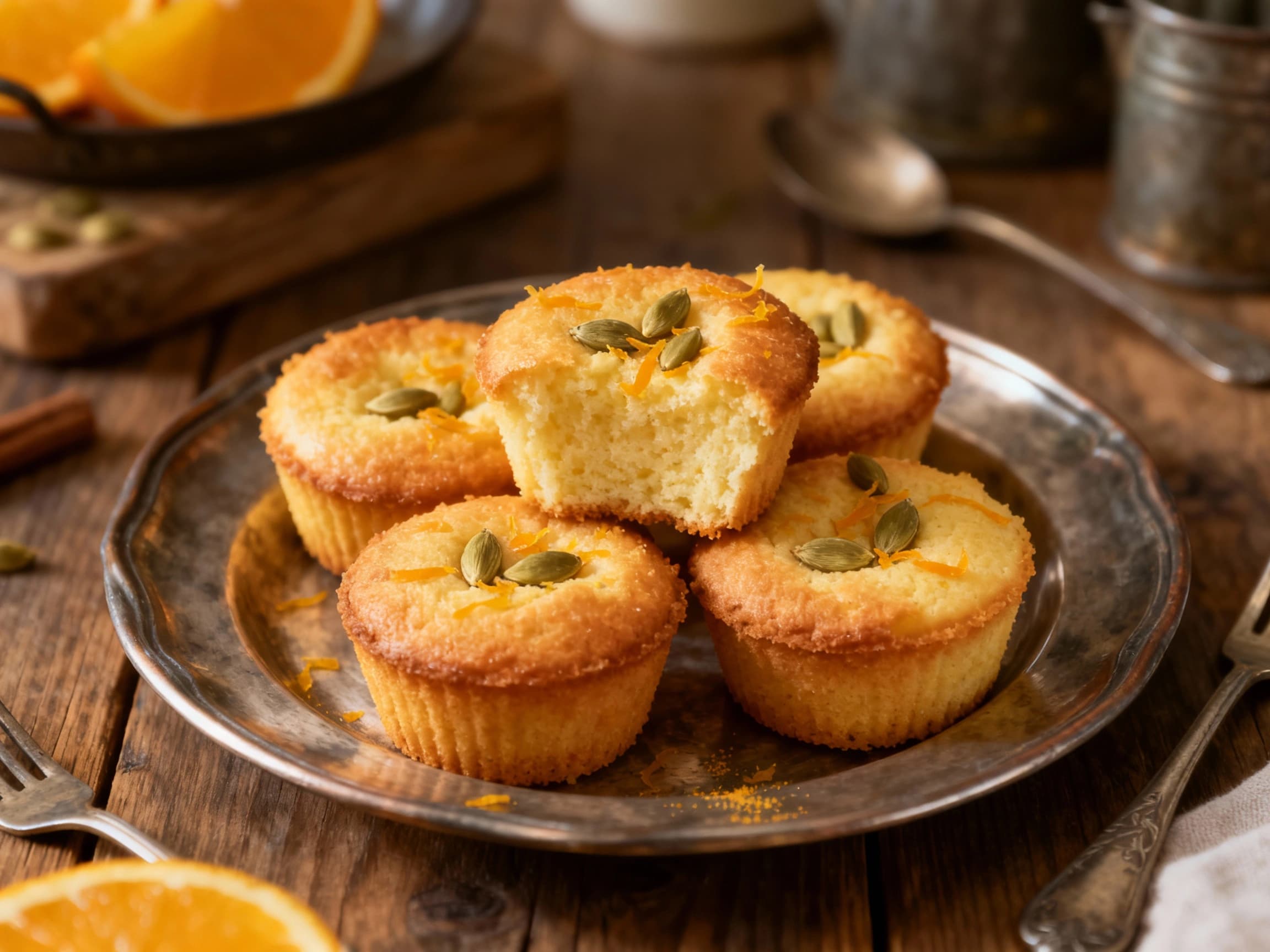 A charming rustic display of mini orange cardamom sernik muffins, presented in a ceramic dish. Scattered orange zest and cardamom pods add to the visual appeal. The baked goods are bathed in soft, natural light, emphasizing their delightful, homemade quality and hinting at the aromatic flavors within.