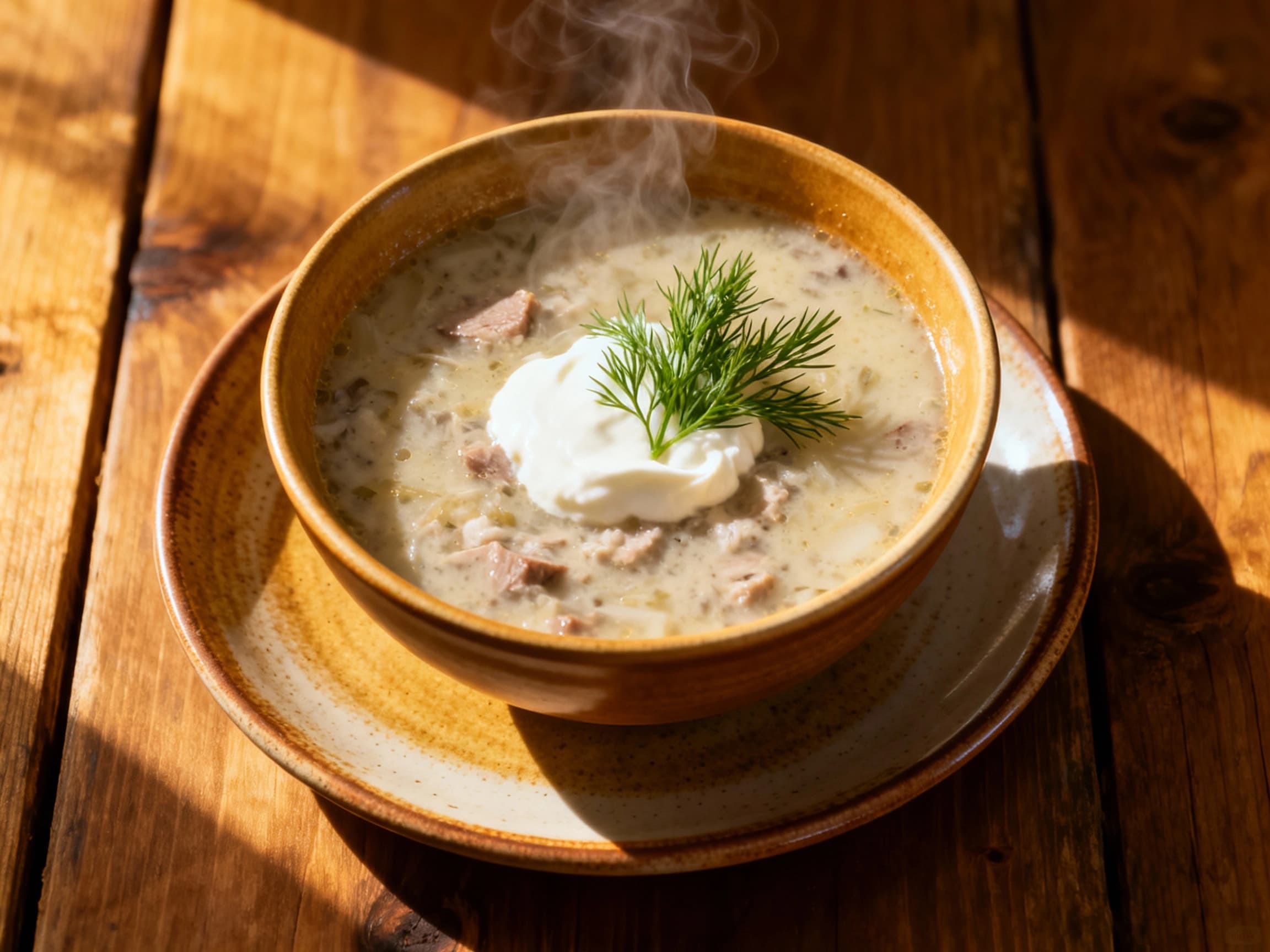 A steaming bowl of traditional Polish Żurek soup, filled with kielbasa sausage, topped with a creamy swirl of sour cream and a generous garnish of fresh dill. The comforting soup is presented in a rustic setting, inviting a taste of authentic Polish cuisine.