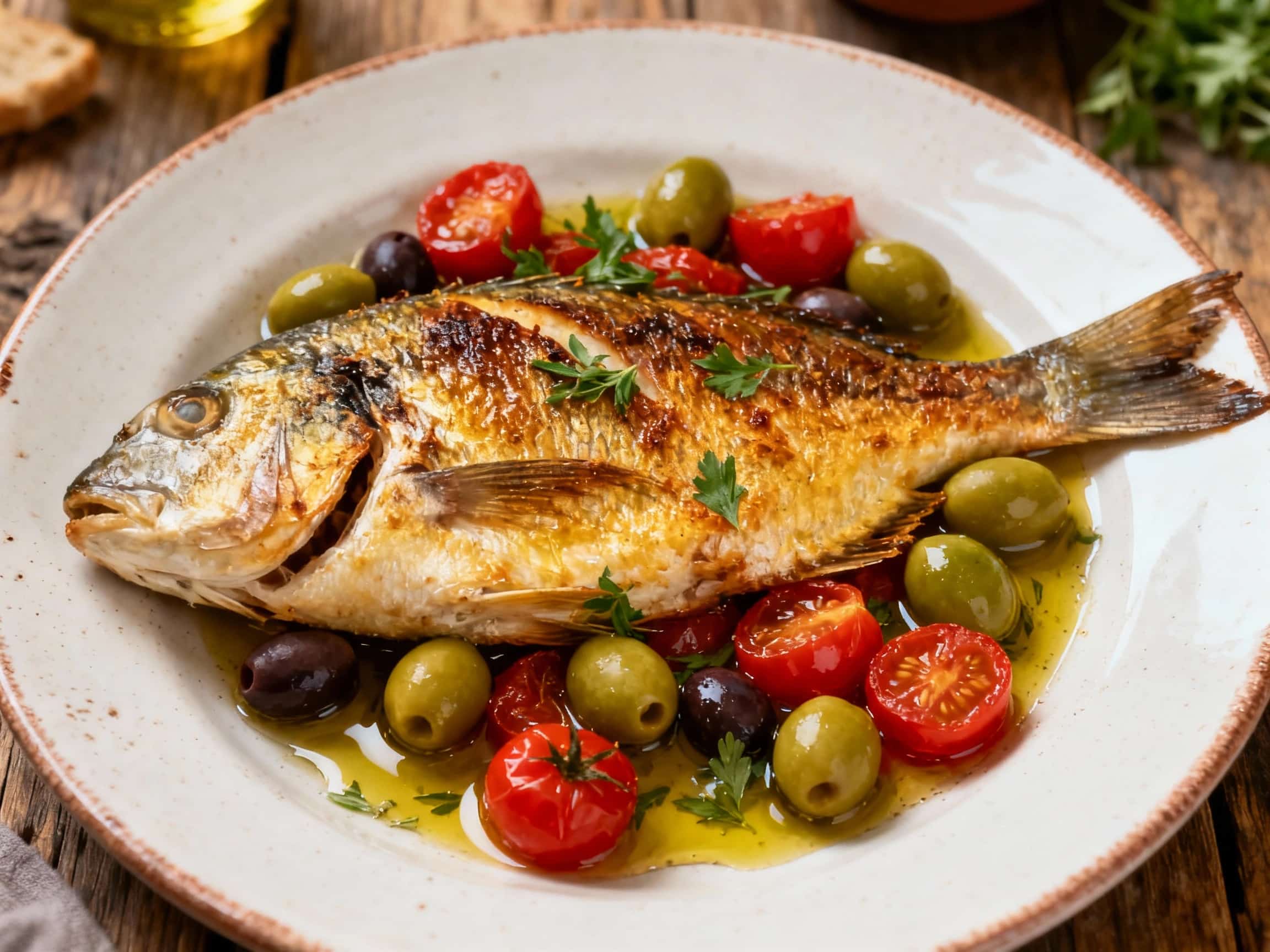 Mediterranean Baked Sea Bream with Olives and Tomatoes