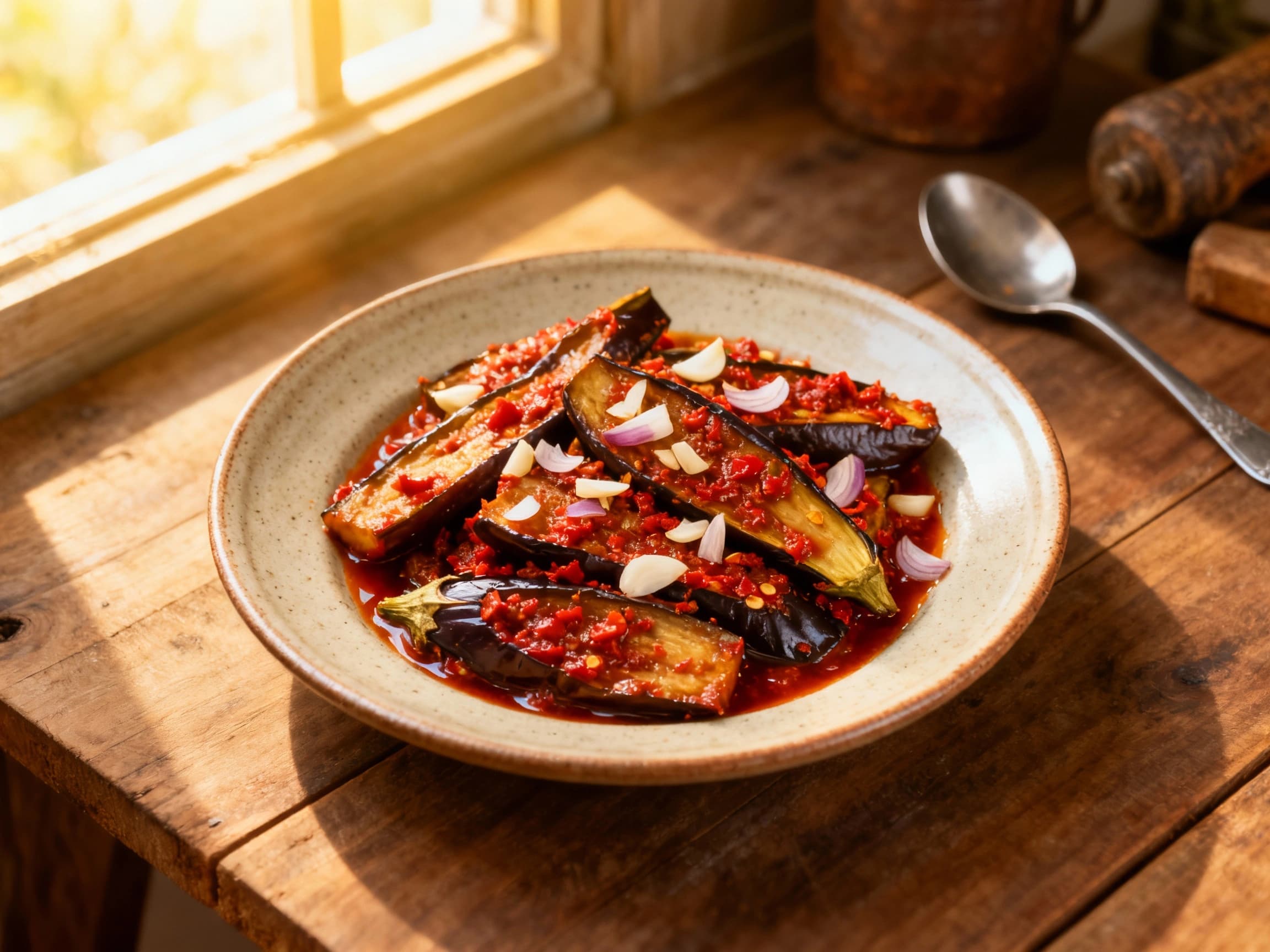 Terong Balado, a flavorful Indonesian dish featuring chunks of soft eggplant coated in a rich, spicy red chili paste, presented attractively in a serving bowl. The dish has a glossy texture and is ready to be enjoyed with rice.