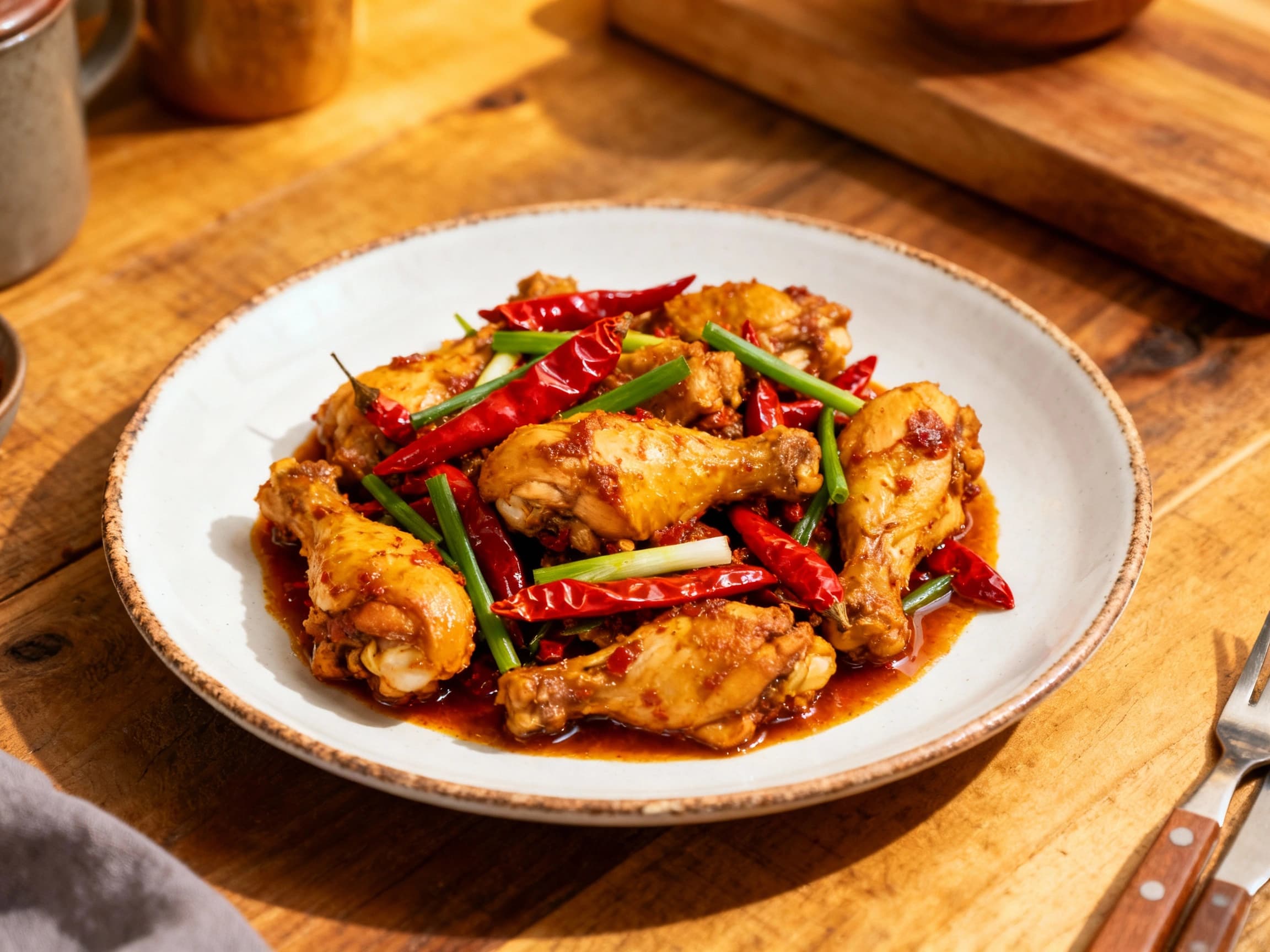 A mouthwatering plate of Ayam Balado, a spicy Indonesian chicken stir-fry in a rich red chili sauce, presented in a rustic bowl with a side of steamed rice. The dish is glistening and its vibrant colors suggest a bold, flavorful experience, perfect for showcasing Indonesian cuisine.