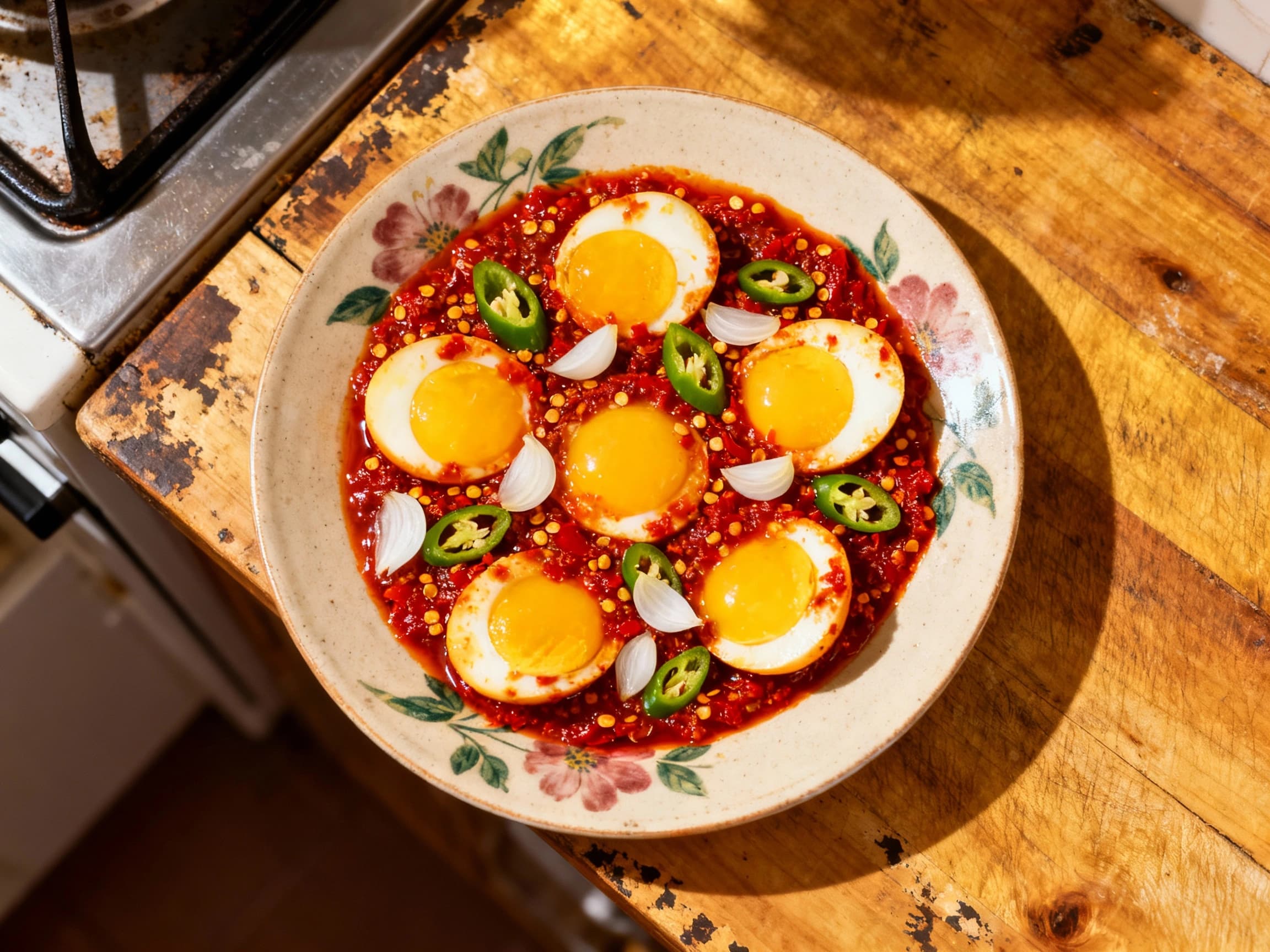 A serving of Telur Balado, featuring several whole hard-boiled eggs enveloped in a rich, glistening red chili and spice paste, presented attractively on a traditional Indonesian plate. Chopped green scallions and a hint of fried shallots add visual appeal. The dish is ready to be enjoyed, evoking the authentic flavors of Indonesian home cooking and served as a tempting main course or side dish.