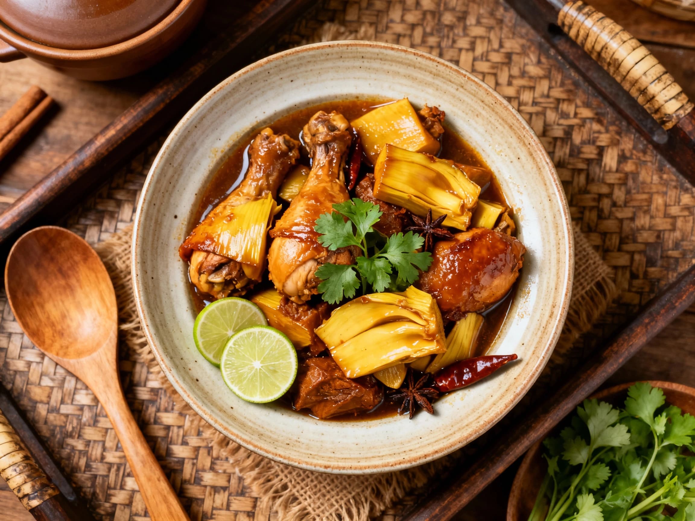 A close-up view of a traditional Indonesian dish, Gudeg Jogja, featuring tender, slow-cooked young jackfruit in a sweet and savory sauce, served atop white rice. Garnishes include crispy krecek and fried shallots, presented on a wooden surface, highlighting the dish's rustic charm and inviting flavors.