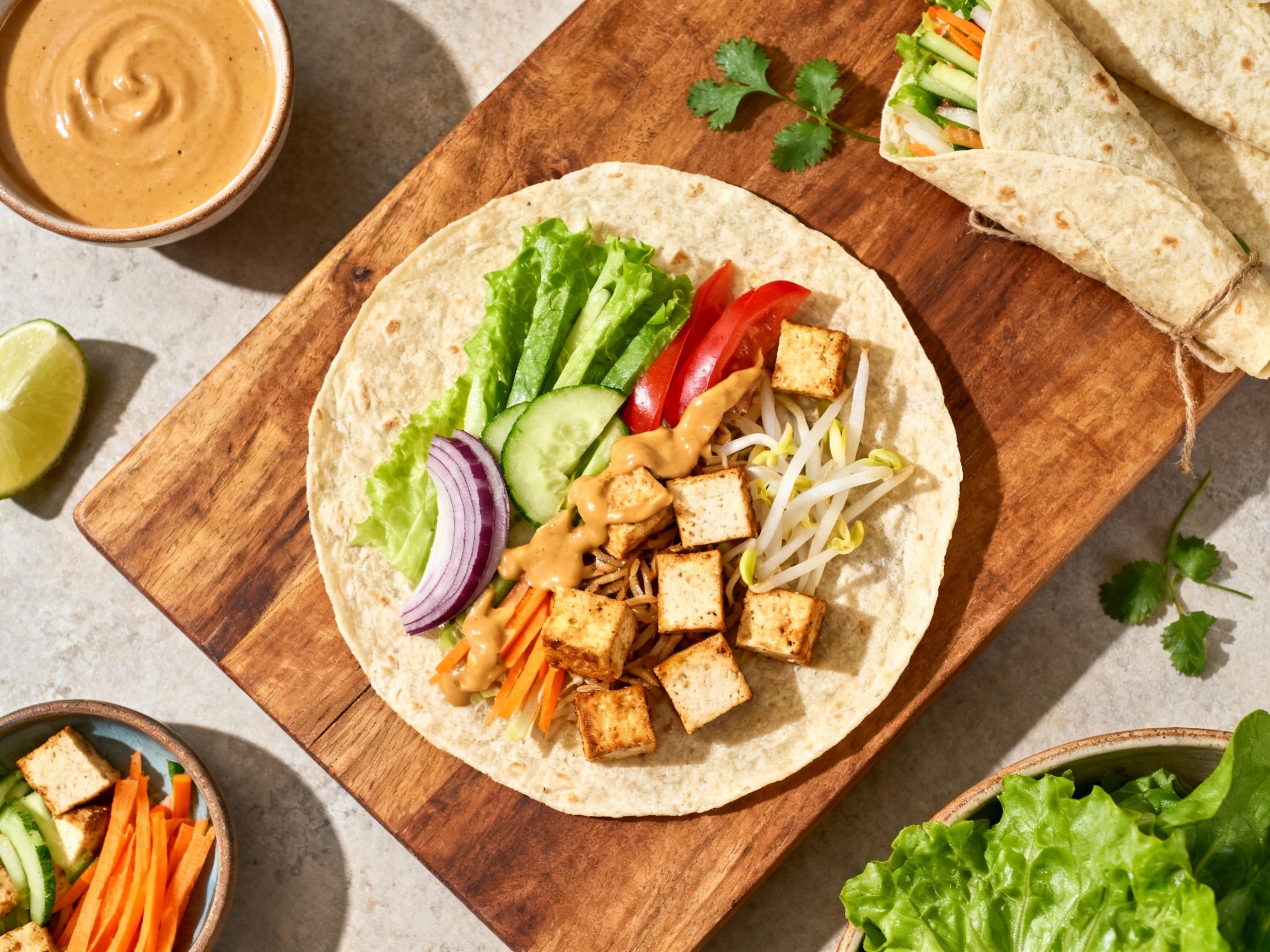 Two halves of a Quick Gado-Gado Wrap showcase a colorful filling of fresh green spinach, crisp bean sprouts, julienned carrots, and savory tempeh, generously coated in creamy peanut sauce, all enclosed within a soft tortilla. Presented on a simple wooden surface, this visually appealing dish offers a healthy and portable Indonesian-inspired meal.