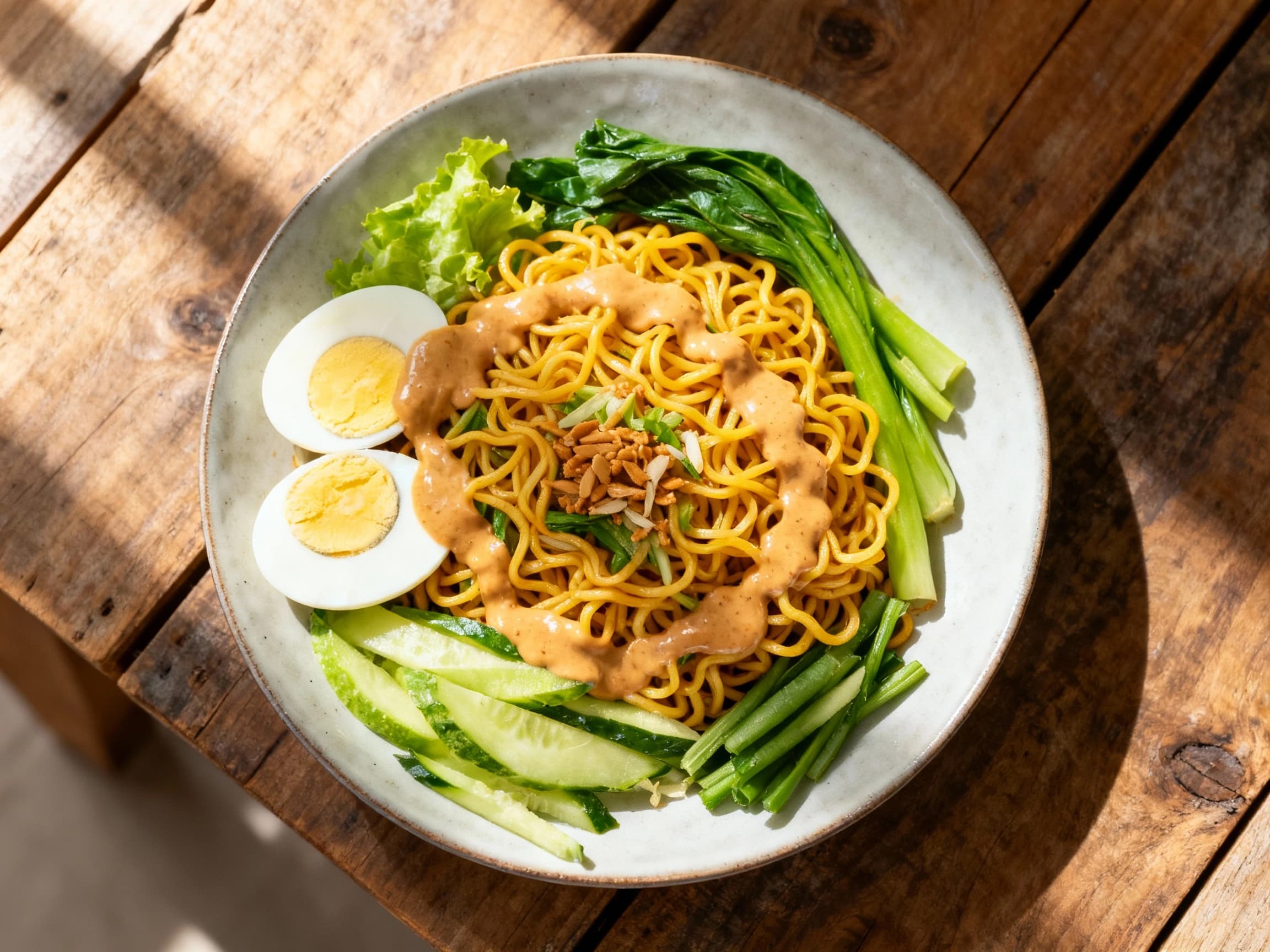 A close-up, top-down view of a delicious Gado-Gado Inspired Noodle Salad served in a rustic bowl. The salad features a base of noodles topped with bright green kangkung, white bean sprouts, cubed fried tofu, and sliced hard-boiled eggs, all coated in a rich peanut dressing and garnished with crispy fried shallots and chopped peanuts, highlighting the fresh ingredients and appealing presentation.