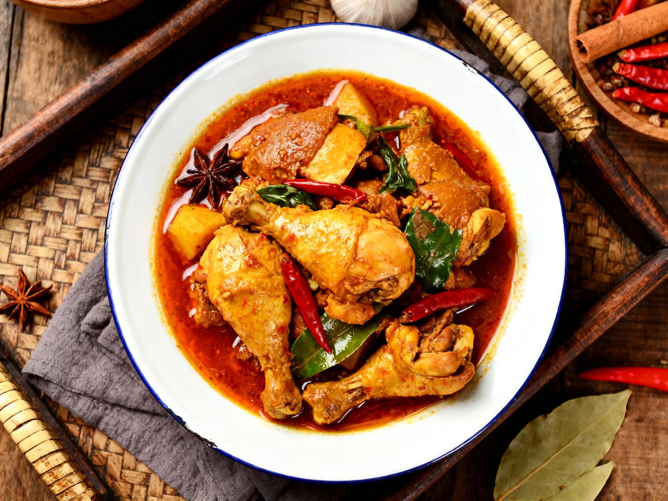 A vibrant Indonesian Gudeg Chicken Stir-fry served in a rustic ceramic bowl, highlighting the deep reddish-brown color of the sauce from palm sugar and coconut milk, with visible pieces of chicken and jackfruit. Garnished with thinly sliced red chilies and accompanied by a side of steamed jasmine rice, presented on a wooden table.