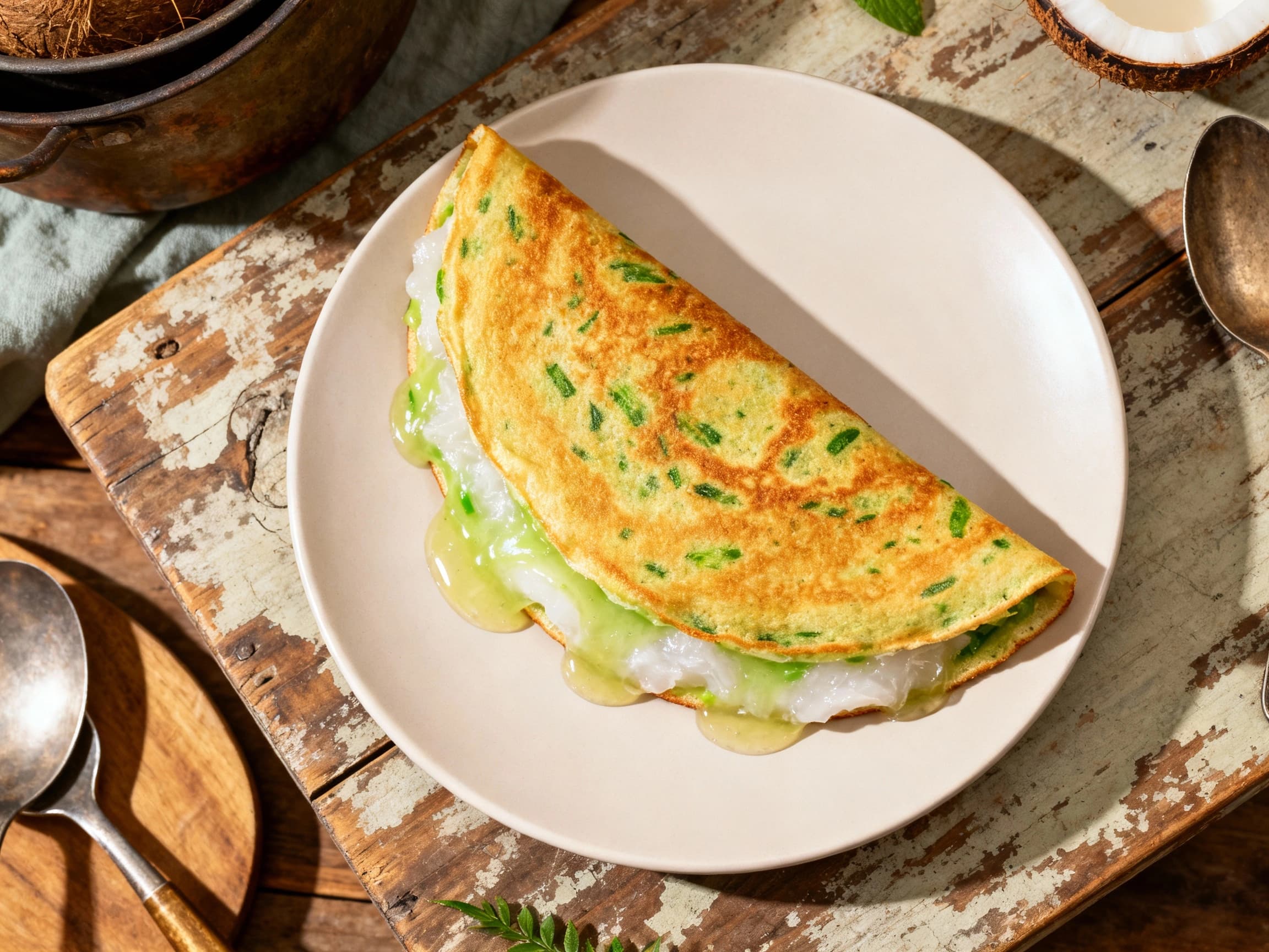 A perfectly cooked Pandan & Coconut Martabak Manis, sliced into triangular wedges, rests on a dark wooden cutting board. The top surface is golden with visible toasted coconut flakes and glistening condensed milk. Delicate green pandan hue is subtly visible within the thick pancake, suggesting its fragrant filling. It’s presented in a home-style, appetizing manner, perfect for a food magazine feat