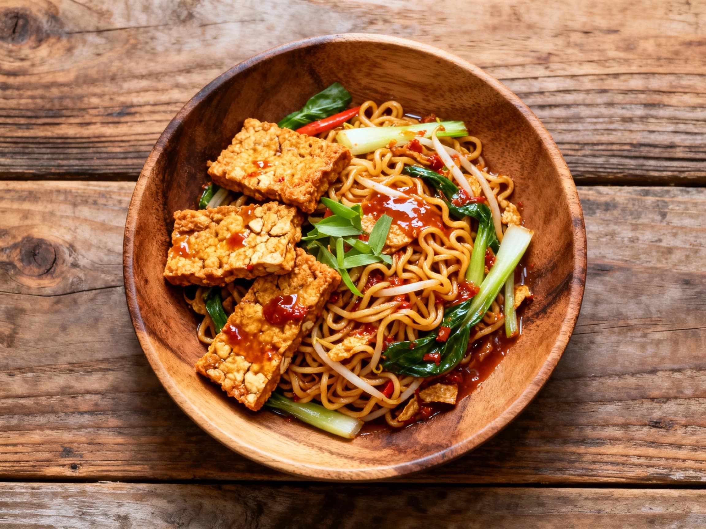 A close-up, top-down view of a generous serving of Indonesian Spicy Tempeh Mie Goreng. The dish features golden-brown noodles mixed with chunks of fried tempeh, bright green bean sprouts, and orange carrots, topped with fresh green cilantro. It is plated on a simple white plate, set against a natural wooden table background, emphasizing the appetizing textures and colors of the dish.