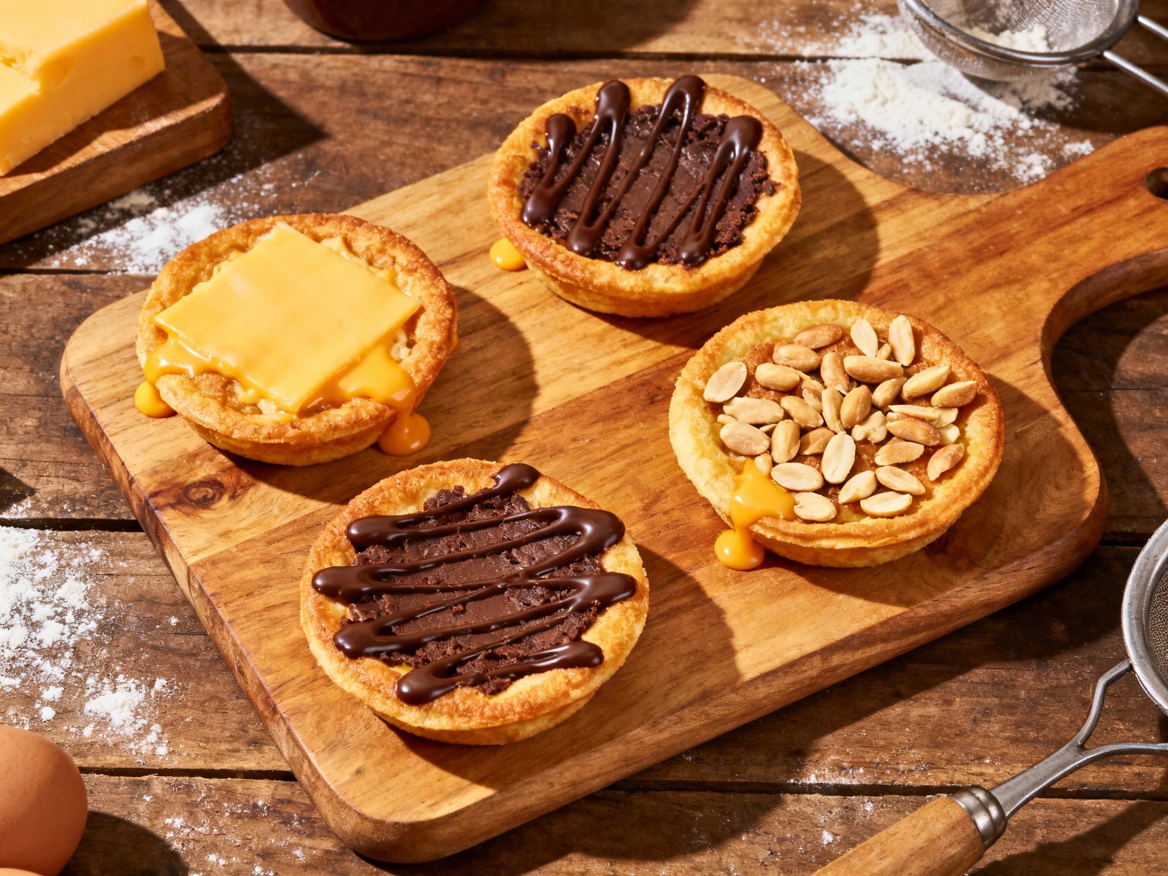 A platter showcasing an assortment of freshly cooked mini martabak manis. The sweet Indonesian pancakes are golden brown, folded in half, and generously topped with melted butter and drizzled condensed milk, revealing various delicious fillings like chopped peanuts and melted cheese inside. The presentation evokes a warm and inviting atmosphere, perfect for a shared treat.