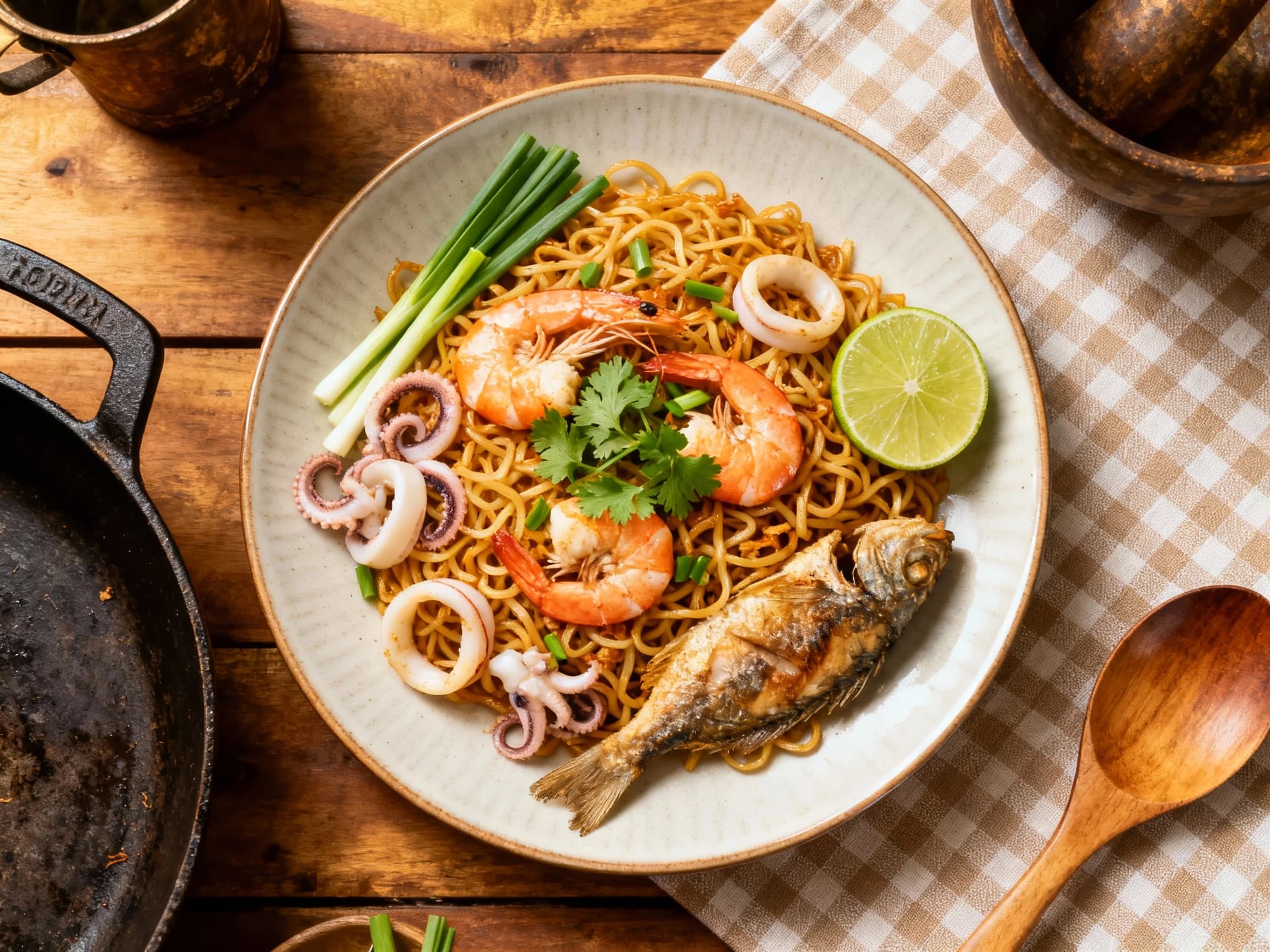 A beautifully plated and appetizing serving of Indonesian Seafood Mie Goreng, featuring a generous portion of noodles mixed with fresh shrimp, squid, and crisp vegetables, topped with golden fried shallots and accompanied by bright lime wedges, ready to be enjoyed.