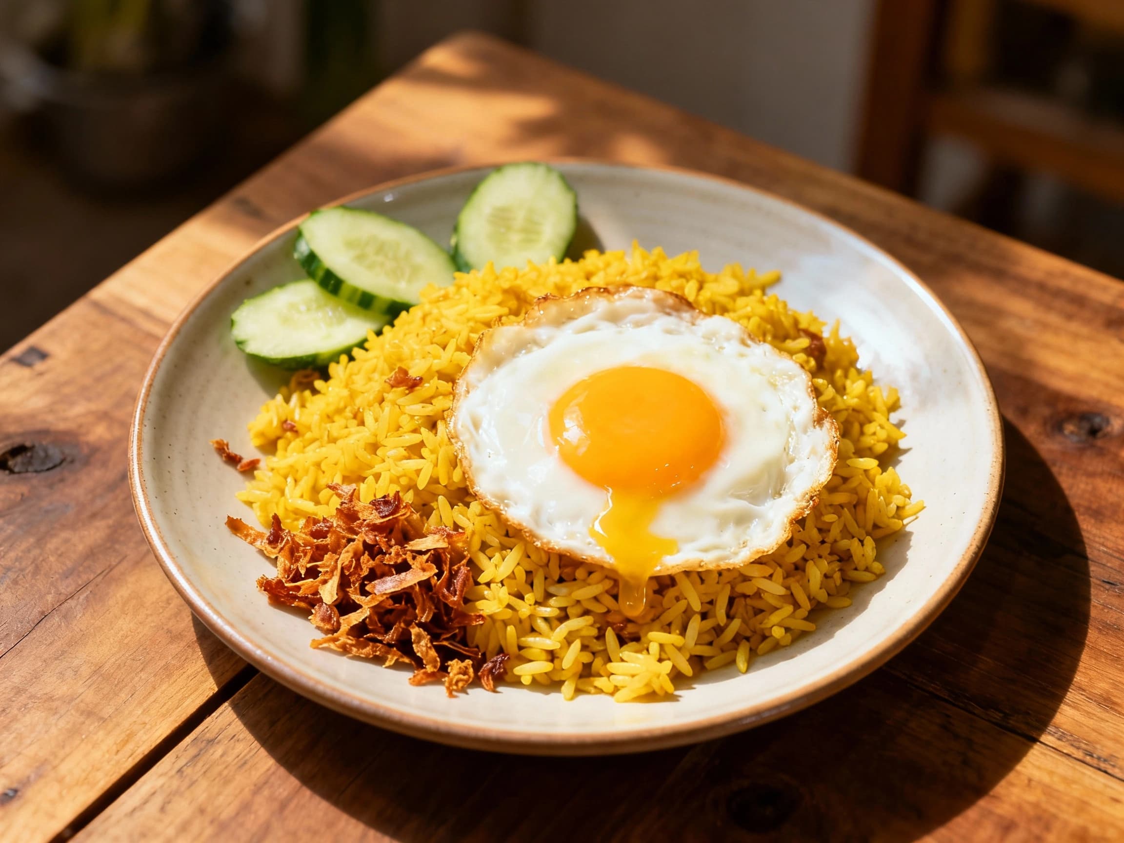 A colorful and appetizing plate of Indonesian Nasi Goreng, featuring savory fried rice topped with a glistening fried egg, accompanied by fresh cucumber and tomato slices, and sprinkled with crispy fried shallots. The dish is presented invitingly on a simple ceramic plate, ready to be enjoyed.