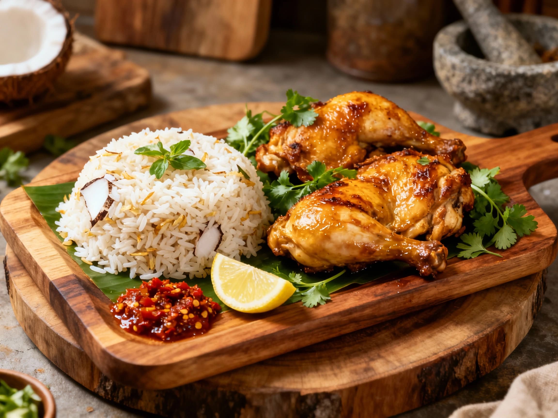 A close-up, overhead shot showcases a delicious Indonesian Nasi Uduk meal. The fluffy coconut rice is generously topped with pieces of tender, glazed sheet pan chicken and a medley of roasted vegetables. The dish is attractively garnished, highlighting the textures and rich colors, ready to be enjoyed.