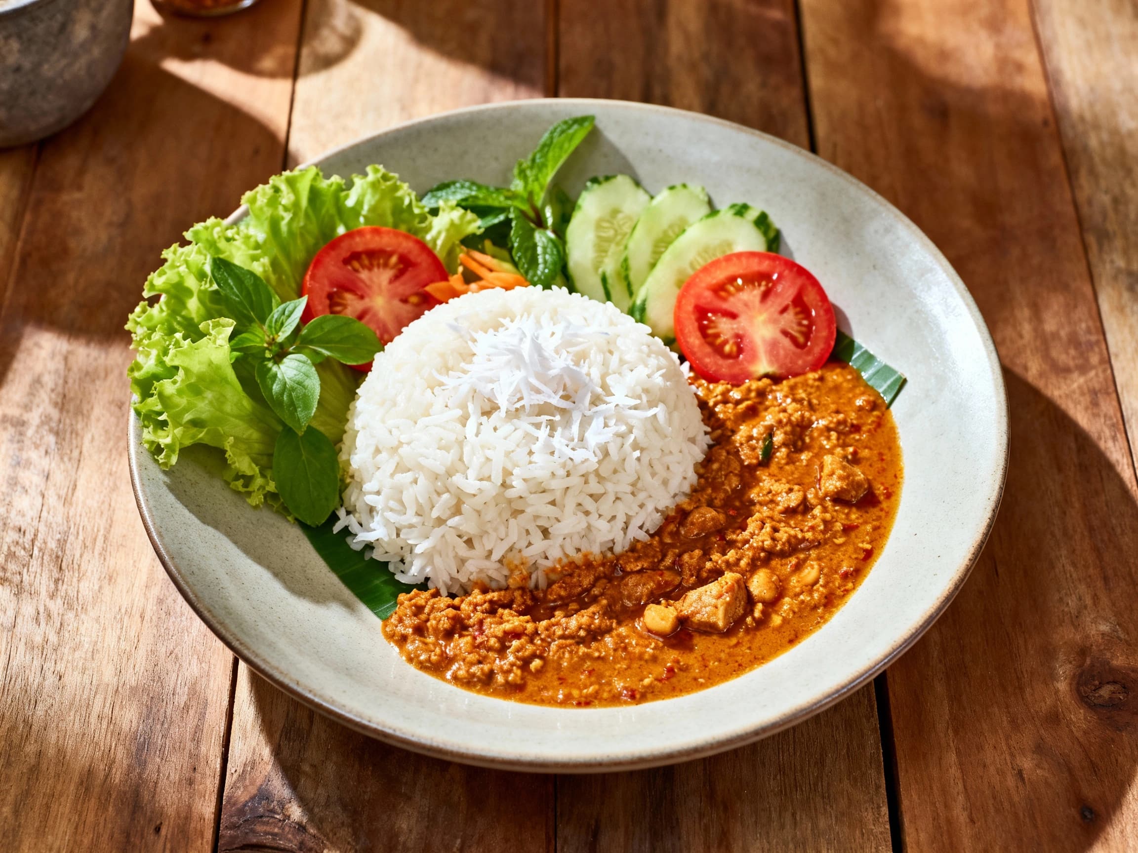 A close-up, overhead shot of a serving of vegan Nasi Uduk. The dish features fragrant coconut rice piled high, glistening with natural oils, and is generously topped with golden, crispy tofu pieces and a swirl of spicy, dark peanut sauce. Sprigs of fresh green herbs and slivers of red chili provide a colorful contrast, creating an appetizing and authentic presentation of Indonesian cuisine.