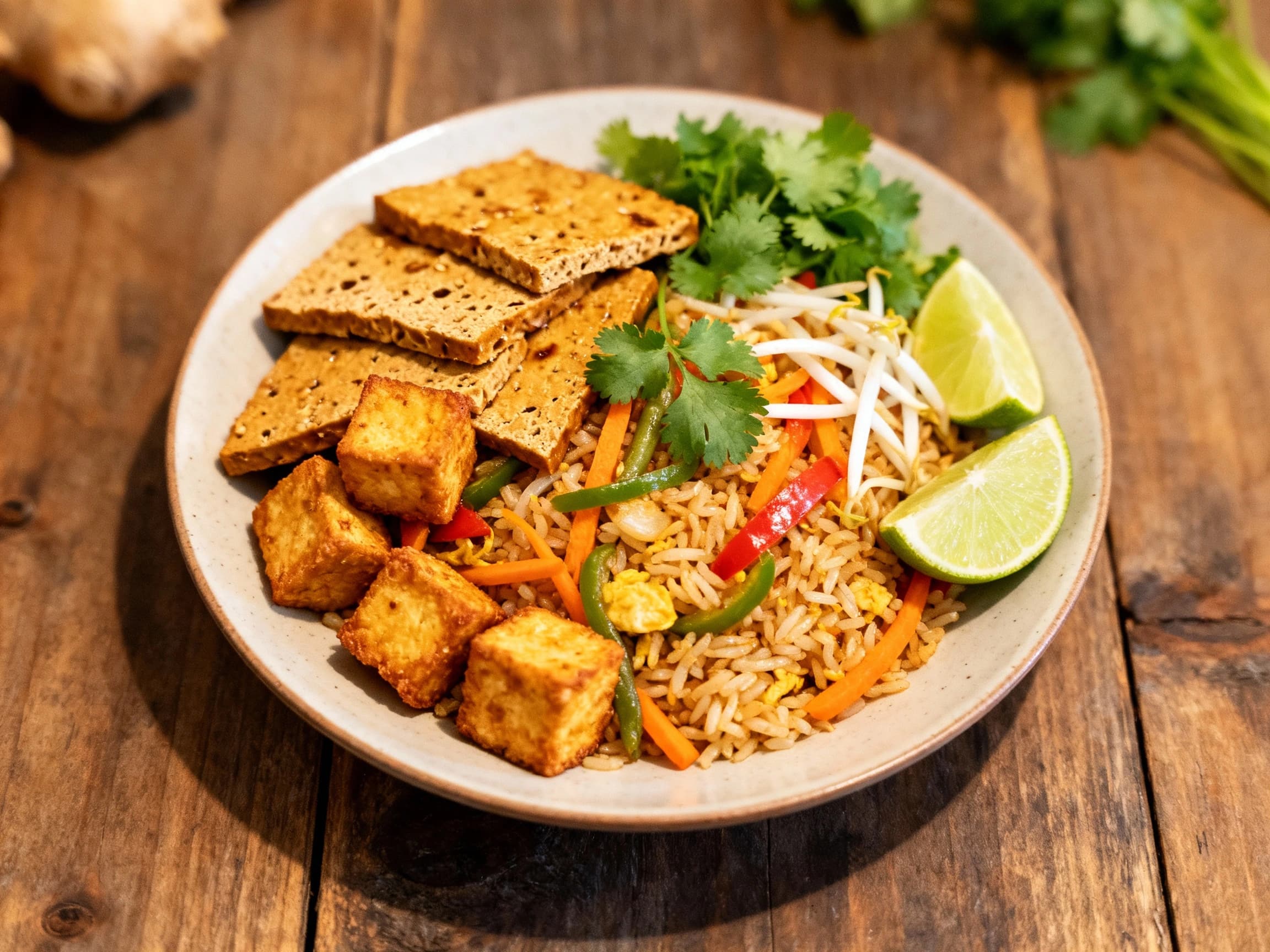A delicious plate of Indonesian Vegetarian Nasi Goreng, featuring golden-brown tofu and tempeh mixed with fried rice. Garnished with green scallions, it sits on a rustic plate, ready to be enjoyed. The dish looks aromatic and flavorful, showcasing the best of plant-based Indonesian cooking.