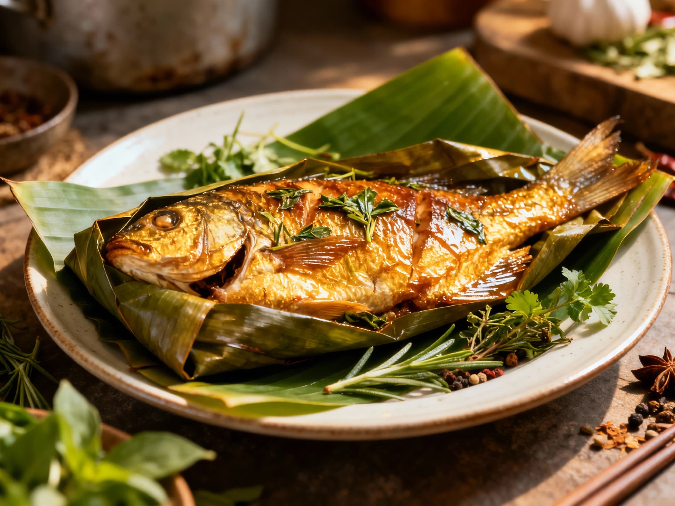 Four steaming parcels of Pepes Ikan, a traditional Indonesian dish of fish wrapped in banana leaves, are presented on a wooden surface. The banana leaves are artfully folded, revealing hints of the aromatic filling and tender fish inside, inviting diners to enjoy a flavorful and authentic meal.