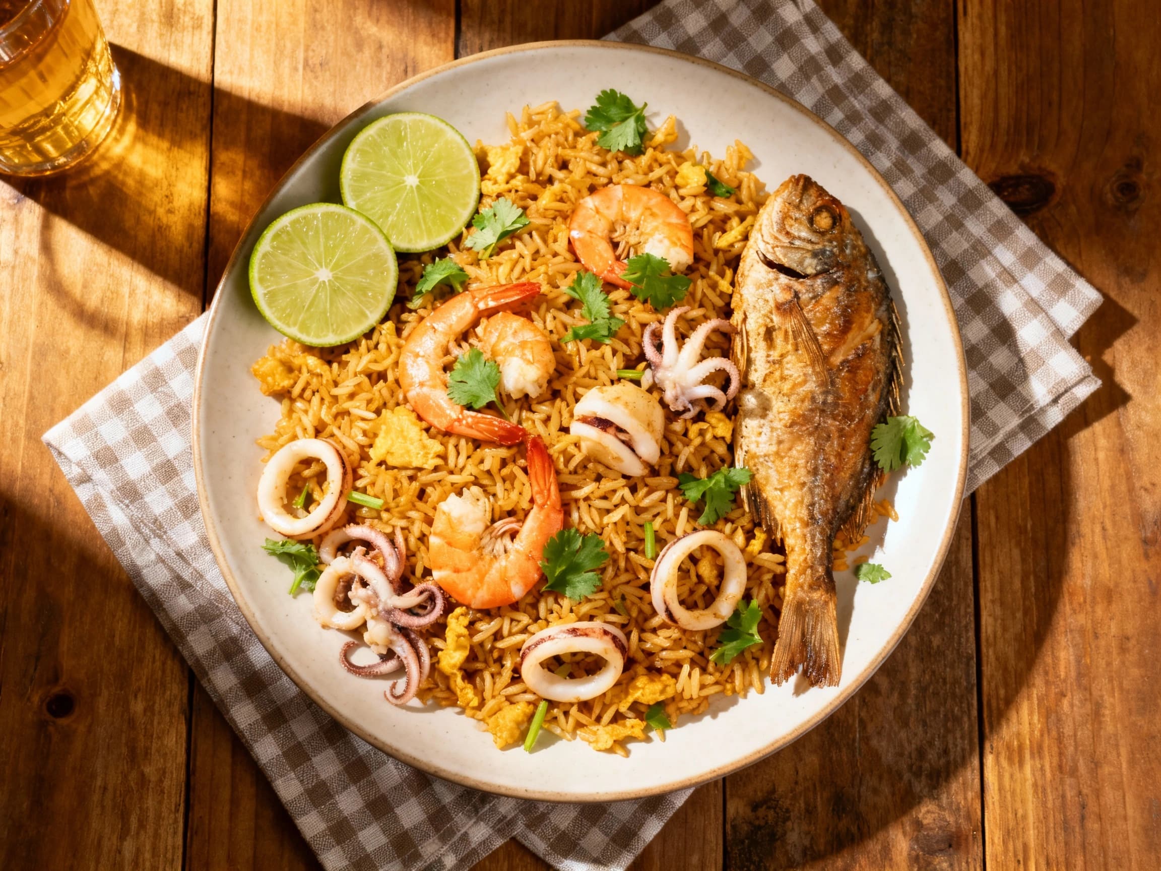 Close-up shot of a beautifully plated Nasi Goreng Seafood, showcasing the textures of the rice, seafood, and fresh herbs. The dish looks flavorful and aromatic, with a hint of citrus from the lime, ready to be enjoyed.