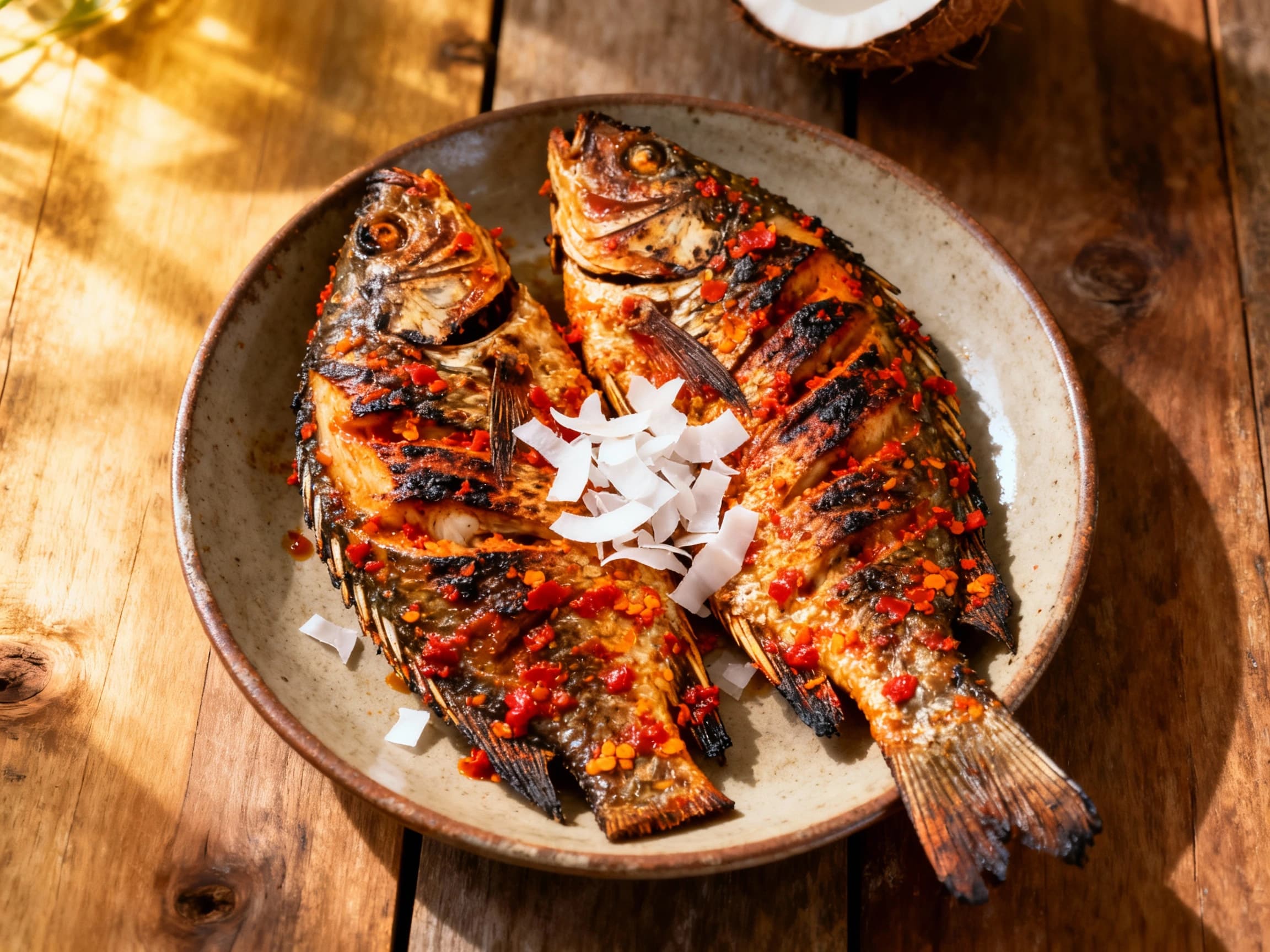 A serving of Grilled Spicy Tilapia Pepes with Coconut, showing the flaky fish and aromatic filling carefully wrapped and grilled in a banana leaf. The dish is presented on a simple platter, ready to be enjoyed with a side of rice, evoking Indonesian culinary traditions.