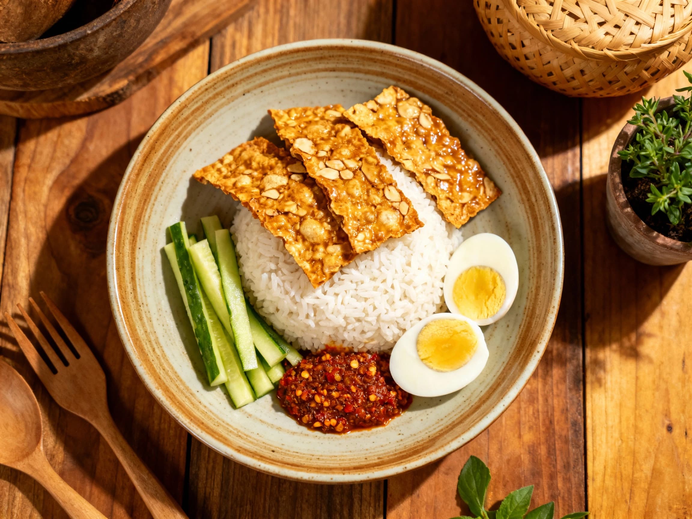 A close-up view of a delicious Indonesian meal featuring Nasi Uduk, fluffy coconut-infused rice, accompanied by pieces of crispy fried tempeh that offer a satisfying crunch. The dish is garnished with aromatic fried shallots and a few fresh cucumber slices, presented invitingly on a rustic plate, highlighting its home-cooked authenticity and cultural richness.