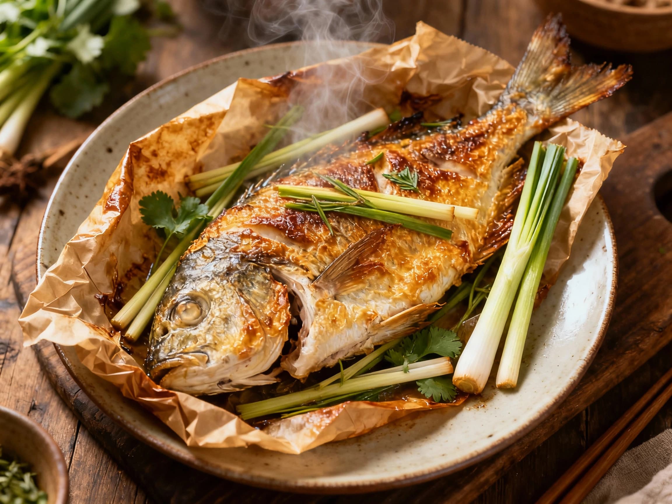 Two servings of Oven-Baked Lemongrass Fish Parcels, presented in open parchment paper to reveal tender, flaky white fish coated in a vibrant green and red spice paste, garnished with fresh herbs, suggesting a healthy and aromatic Indonesian dish.