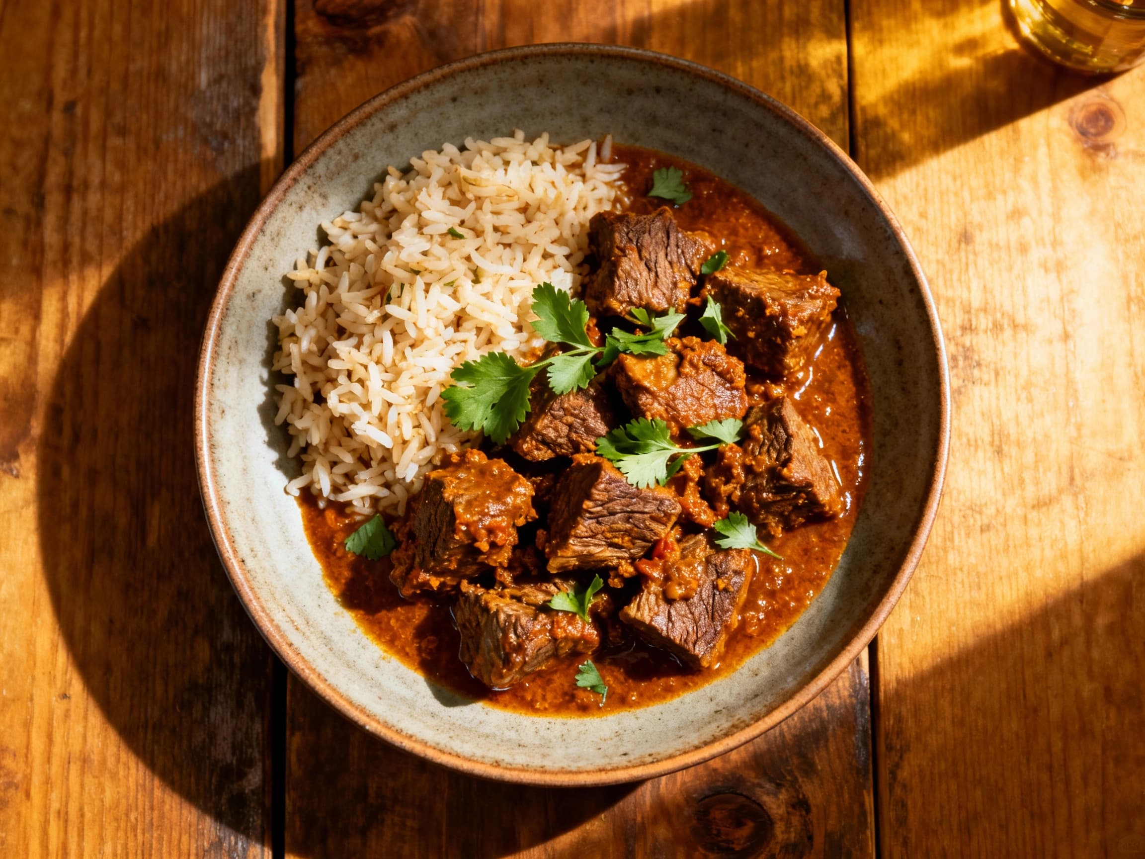 A beautifully plated portion of Slow Cooker Beef Rendang, showcasing its deep, complex flavors and tender beef in a glossy sauce. Garnished with cilantro, it sits invitingly in a rustic bowl on a wooden surface, ready to be enjoyed with rice, evoking the authentic taste of Indonesian cuisine.