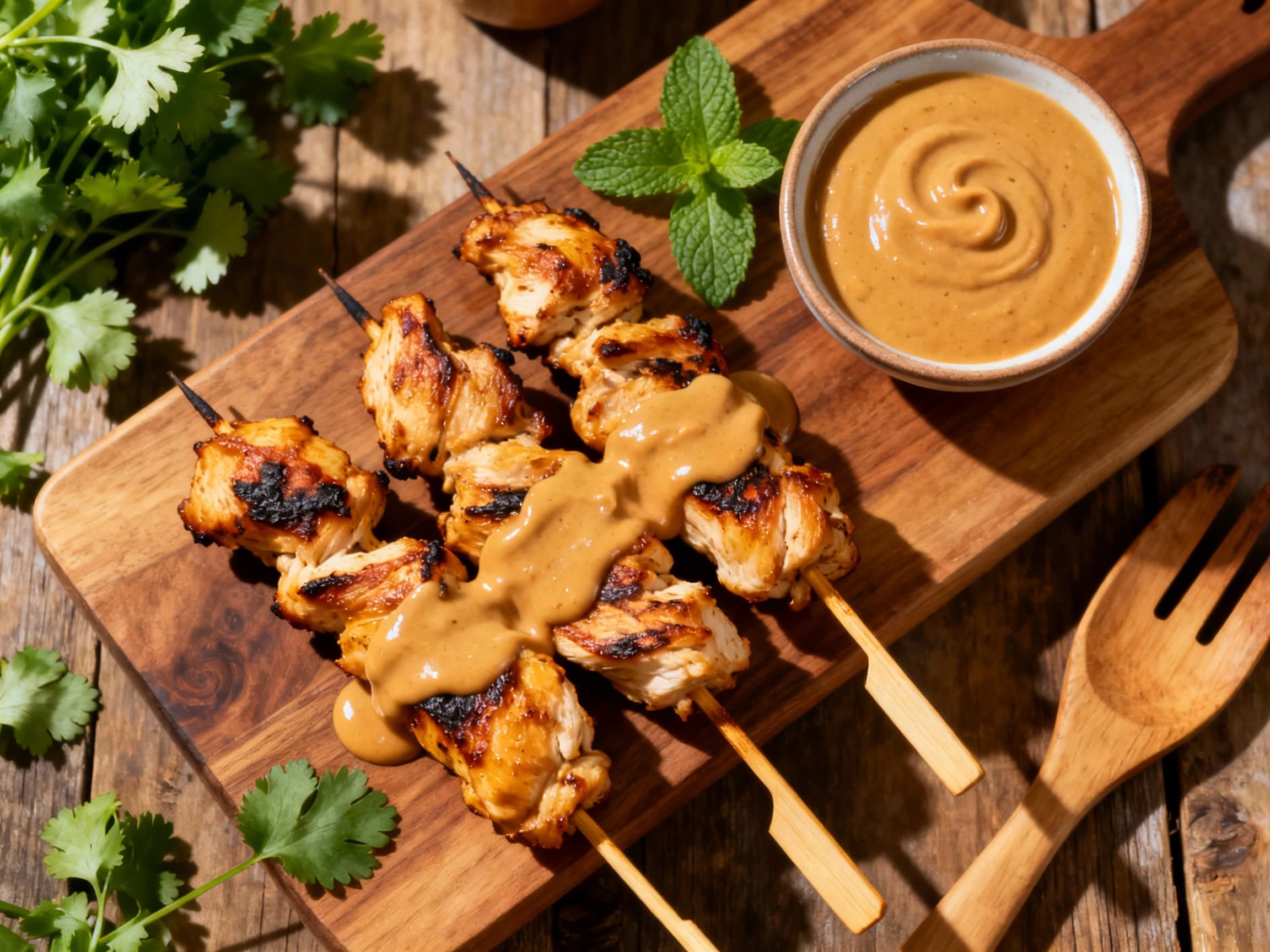 Platter of golden-brown chicken satay skewers, a hallmark of Indonesian cuisine. The skewers are artfully arranged, accompanied by a rich peanut sauce and a refreshing cucumber relish, set against a clean background to highlight the delicious, grilled dish.
