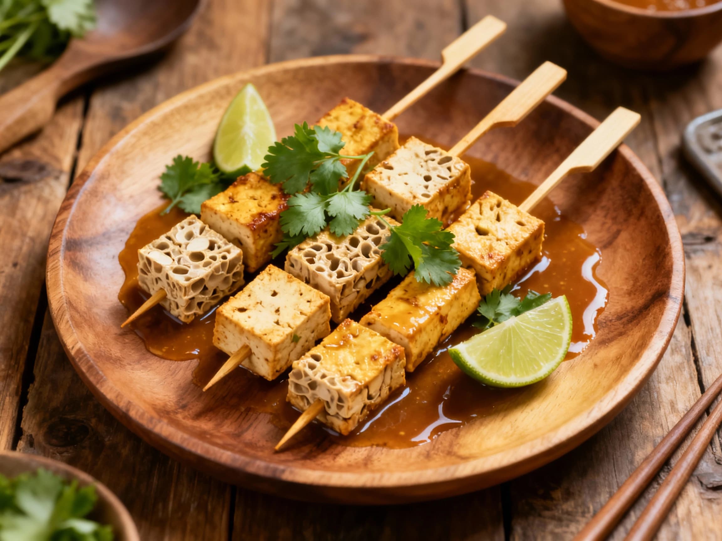 A visually appealing platter showcasing perfectly grilled tempeh and tofu satay skewers, characteristic of Indonesian street food. The satay is presented alongside a rich peanut dipping sauce, suggesting a delicious and savory meal. The image emphasizes the dish's vibrant colors and appealing textures, highlighting its vegetarian nature.