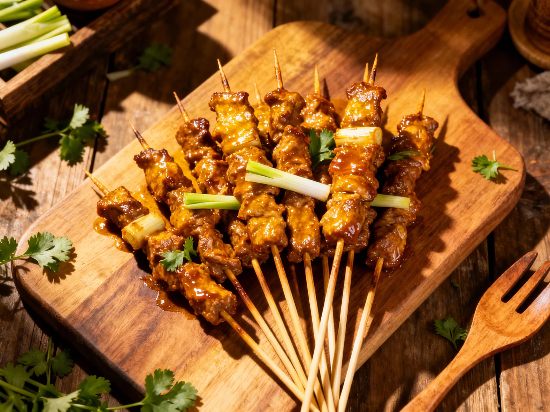 A serving of Zesty Lemongrass Beef Satay Skewers, showcasing the grilled meat on bamboo sticks. The dish is presented on a wooden board with lime wedges and a side of spicy sambal, highlighting the Indonesian street food aesthetic. The lighting accentuates the texture and smoky char of the beef.