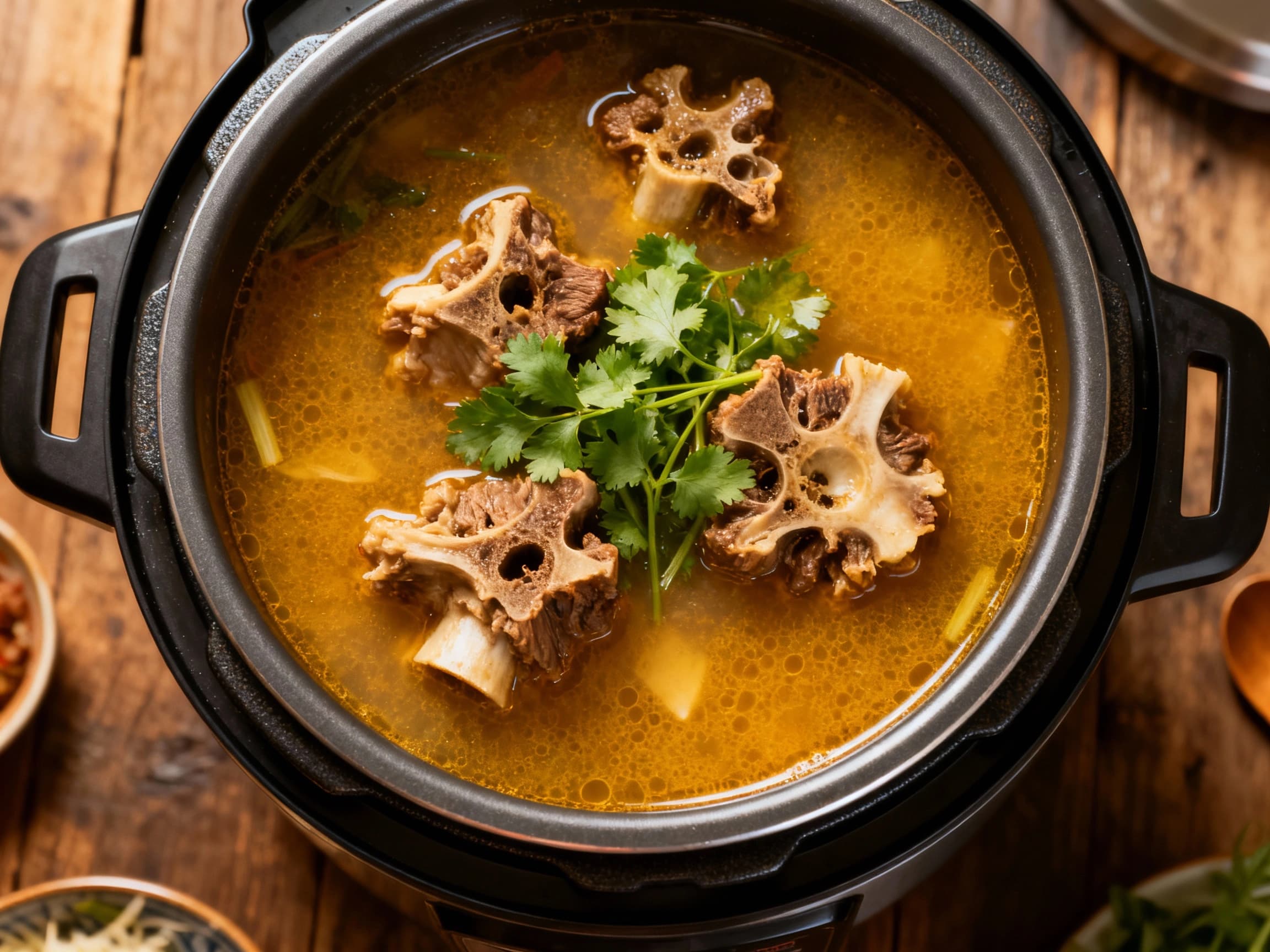 Plated bowl of hearty Sop Buntut, showcasing the succulent oxtail and colorful vegetables, garnished with fried onions and scallions, presented on a rustic wooden table under gentle lighting, evoking a comforting and authentic Indonesian culinary experience.
