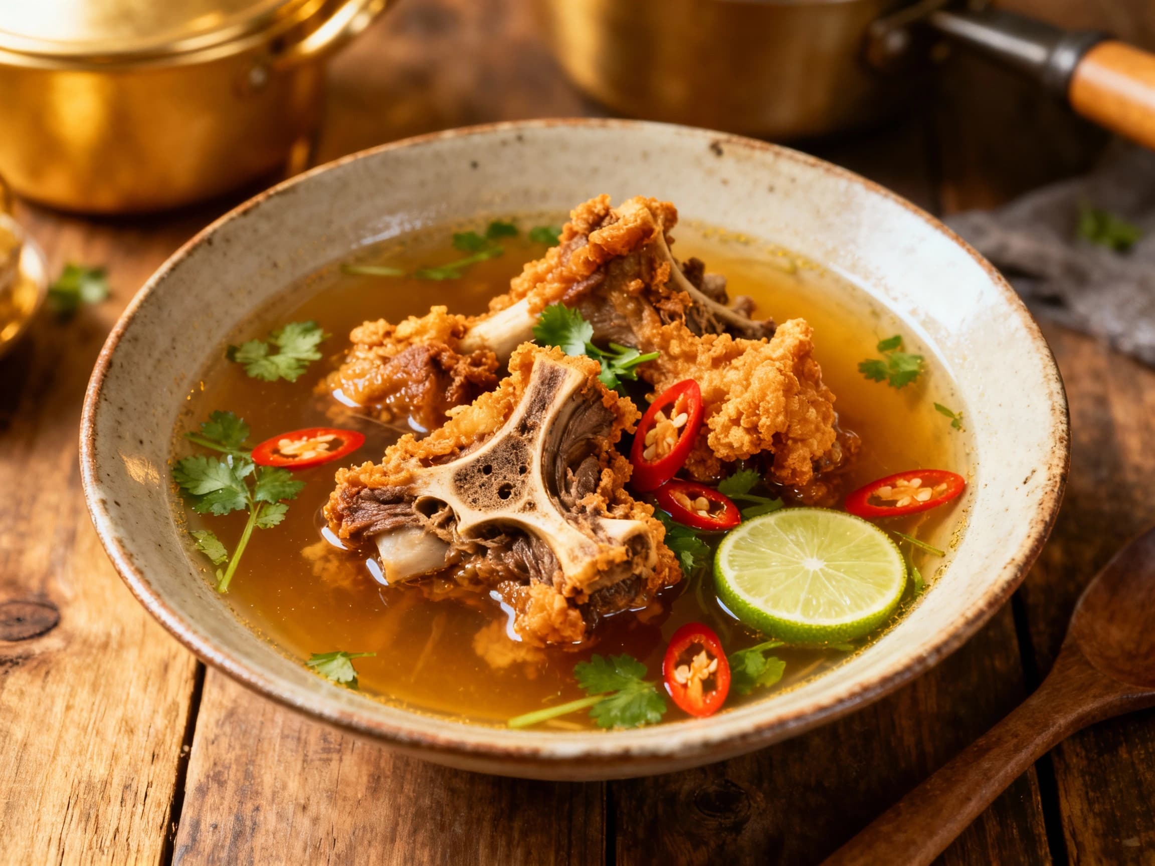 A richly garnished bowl of Sop Buntut Goreng, featuring crispy fried oxtail and visible vegetables in fragrant broth, topped with crunchy fried shallots, presented invitingly on a wooden surface. The warm lighting emphasizes the dish's savory appeal and Indonesian origin.