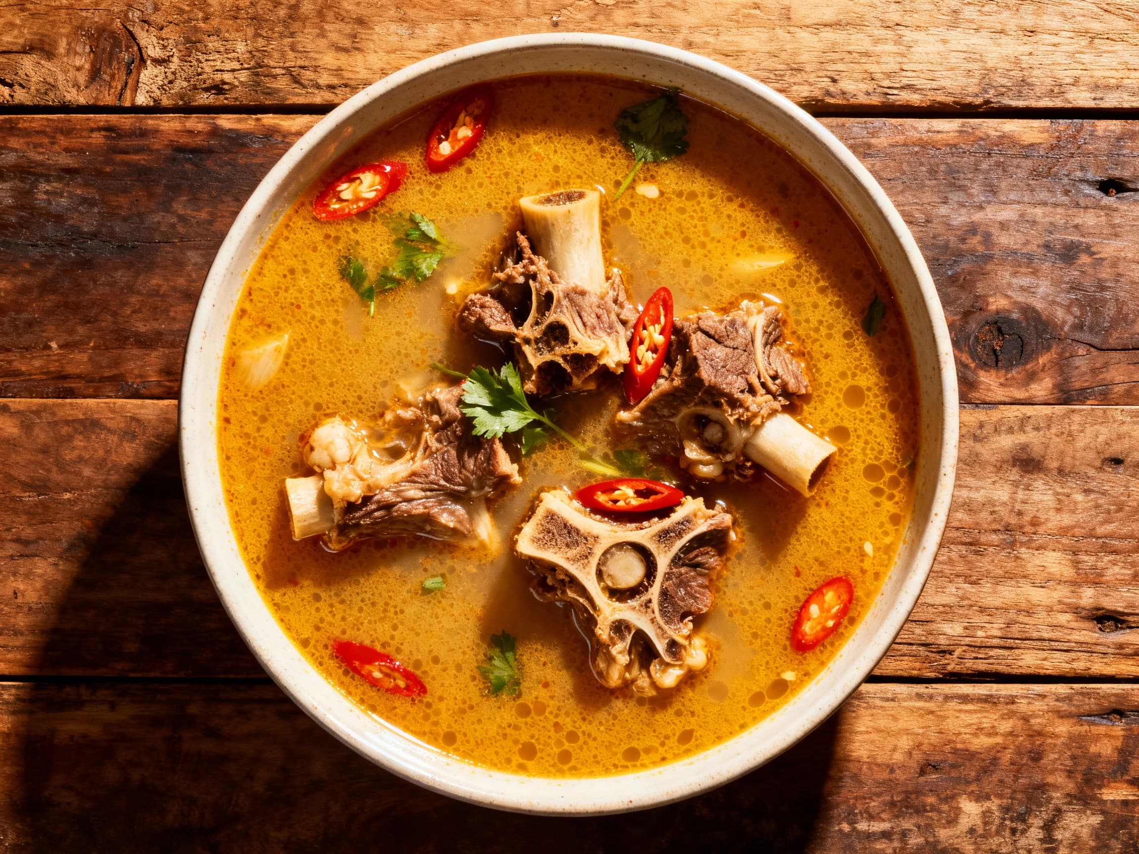 A hearty and flavorful bowl of Sop Buntut Pedas, a spicy Indonesian oxtail soup, is presented in a traditional ceramic bowl, garnished with fresh cilantro and fried shallots. The rich broth is visible, with succulent oxtail meat and vegetable pieces, promising a warming and delicious culinary experience.