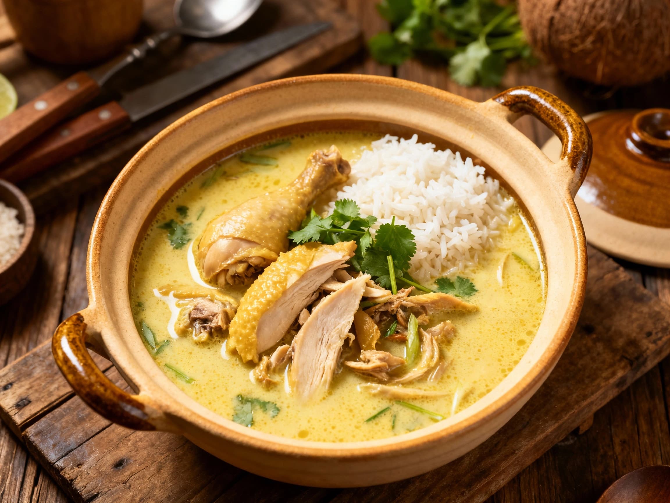 Close-up of Soto Ayam Madura: Rich Coconut Milk Soto Asian cuisine cuisine served on a plate with fresh herbs, warm natural lighting, visible textures, and clean background; descriptive alt text for accessibility and SEO.