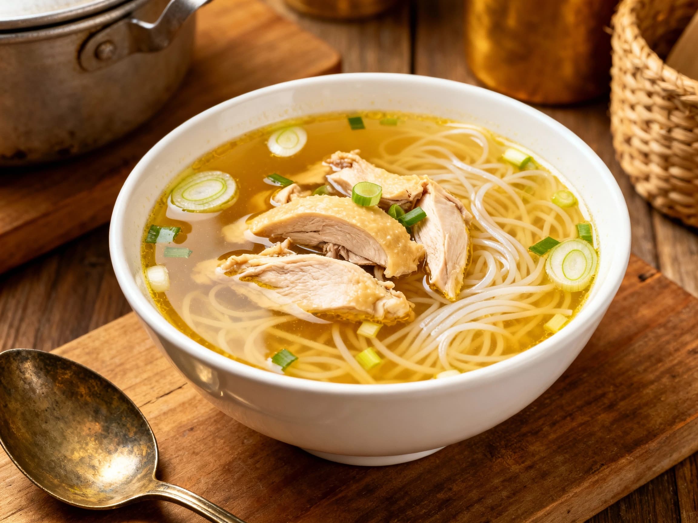 A beautifully presented bowl of Indonesian Soto Ayam Bening, a clear chicken noodle soup. The soup is served in a traditional ceramic bowl and is filled with tender shredded chicken, delicate rice vermicelli noodles, and is topped with halved hard-boiled eggs, fresh green scallions, and crunchy fried shallots, ready to be enjoyed with a lime wedge.