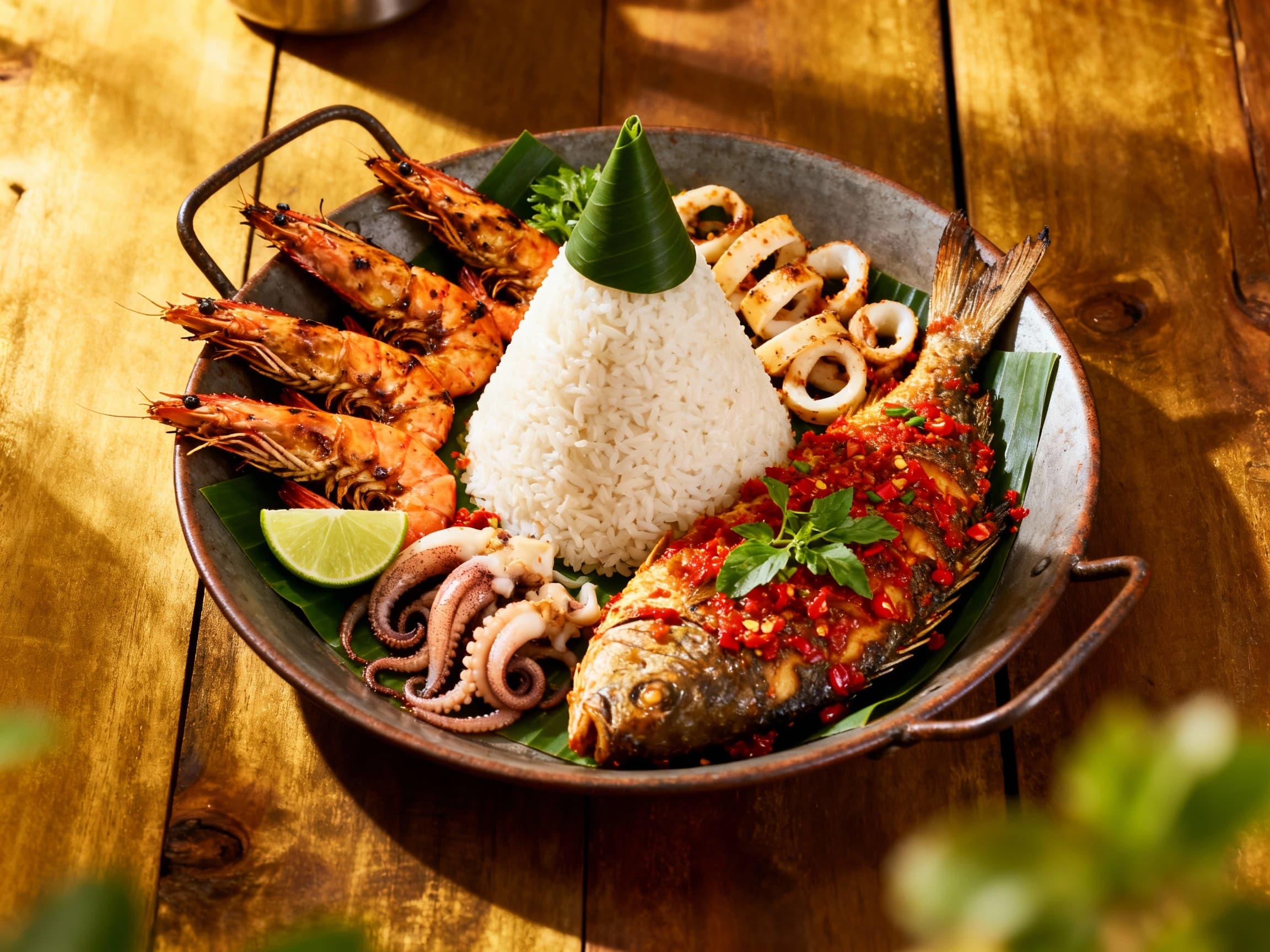 A meticulously crafted Tumpeng rice cone, glowing with a rich turmeric-yellow hue, is generously adorned with an array of colorful, spicy seafood. It sits proudly on a traditional platter, accented by fresh vegetable garnishes, showcasing the festive and abundant nature of Balinese celebratory cuisine.