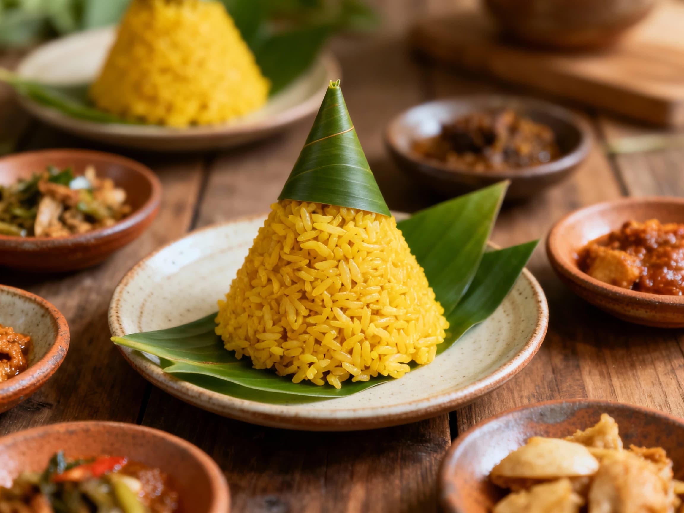 Six beautifully presented mini tumpeng nasi kuning, featuring bright yellow turmeric rice molded into cones. Each is served with classic Indonesian side dishes including crispy fried chicken, golden tempeh, and sliced hard-boiled eggs. The arrangement is artful, suggesting a delightful party platter showcasing Indonesian culinary traditions.
