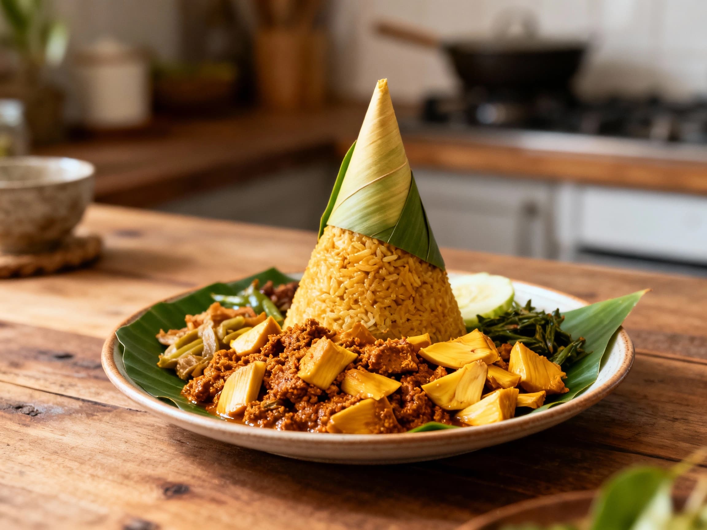 A festive Indonesian Vegetarian Tumpeng is served on a platter. The yellow turmeric rice, shaped into a cone, sits proudly in the center, accompanied by mounds of savory jackfruit rendang, a fresh vegetable salad with coconut, and crispy fried tofu. Sliced cucumber and fried shallots add a final touch of color to this celebratory dish.
