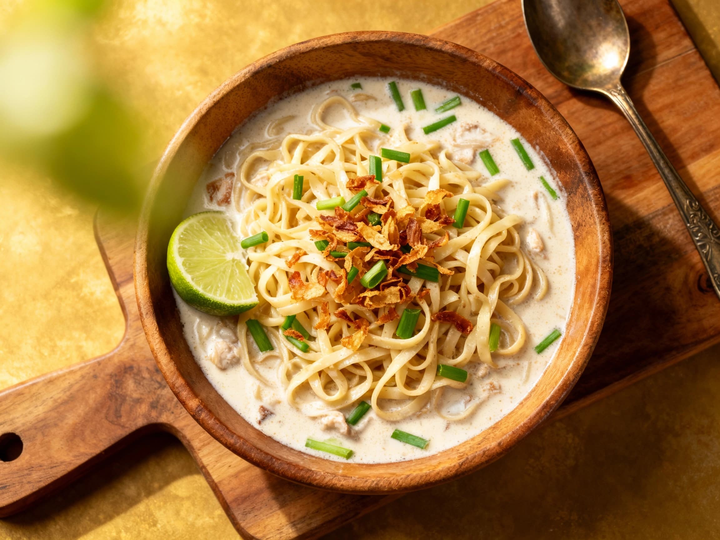 A delectable plate of Indonesian Creamy Coconut Milk Mie Goreng, a stir-fried noodle dish. The noodles are generously coated in a creamy sauce and mixed with succulent chicken, finely sliced carrots, shredded cabbage, and green beans. Freshly chopped scallions and golden fried shallots are sprinkled on top, adding a final touch of flavor and texture. The dish is presented attractively on a table,