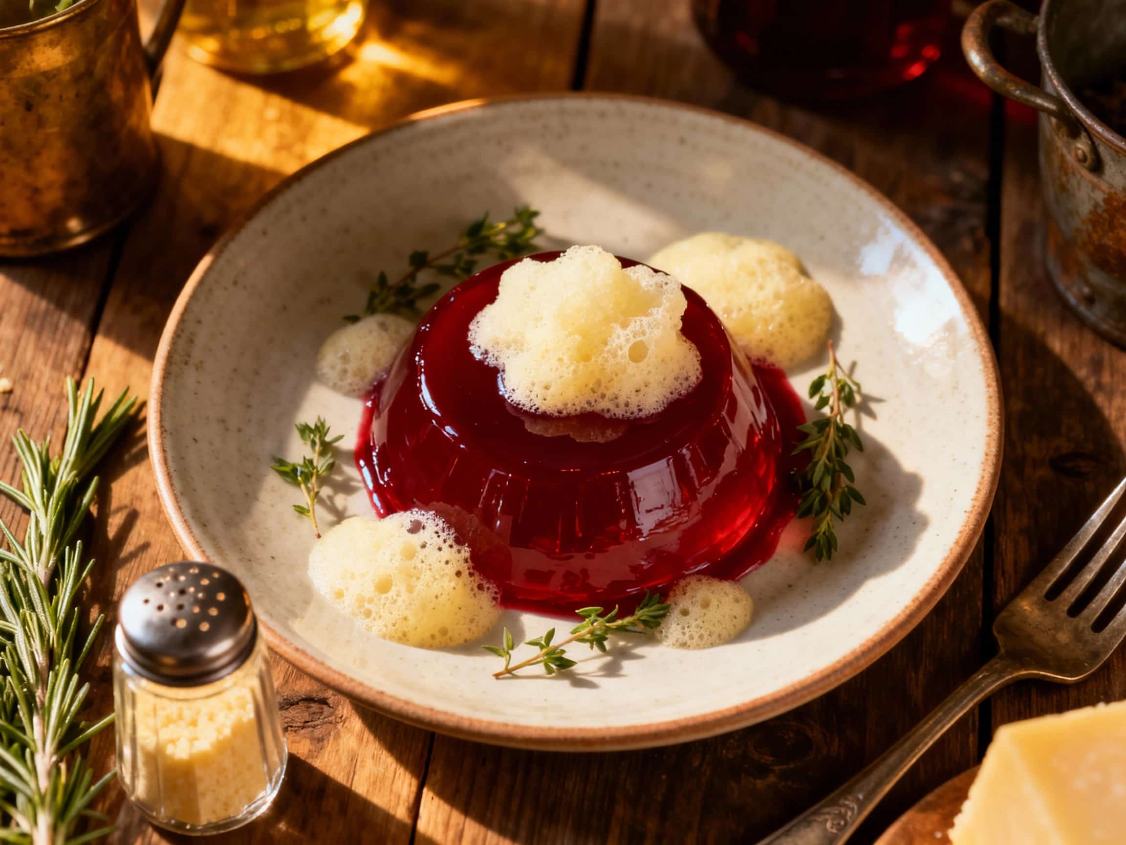 Gelatinized Red Wine Reduction with Parmesan Foam