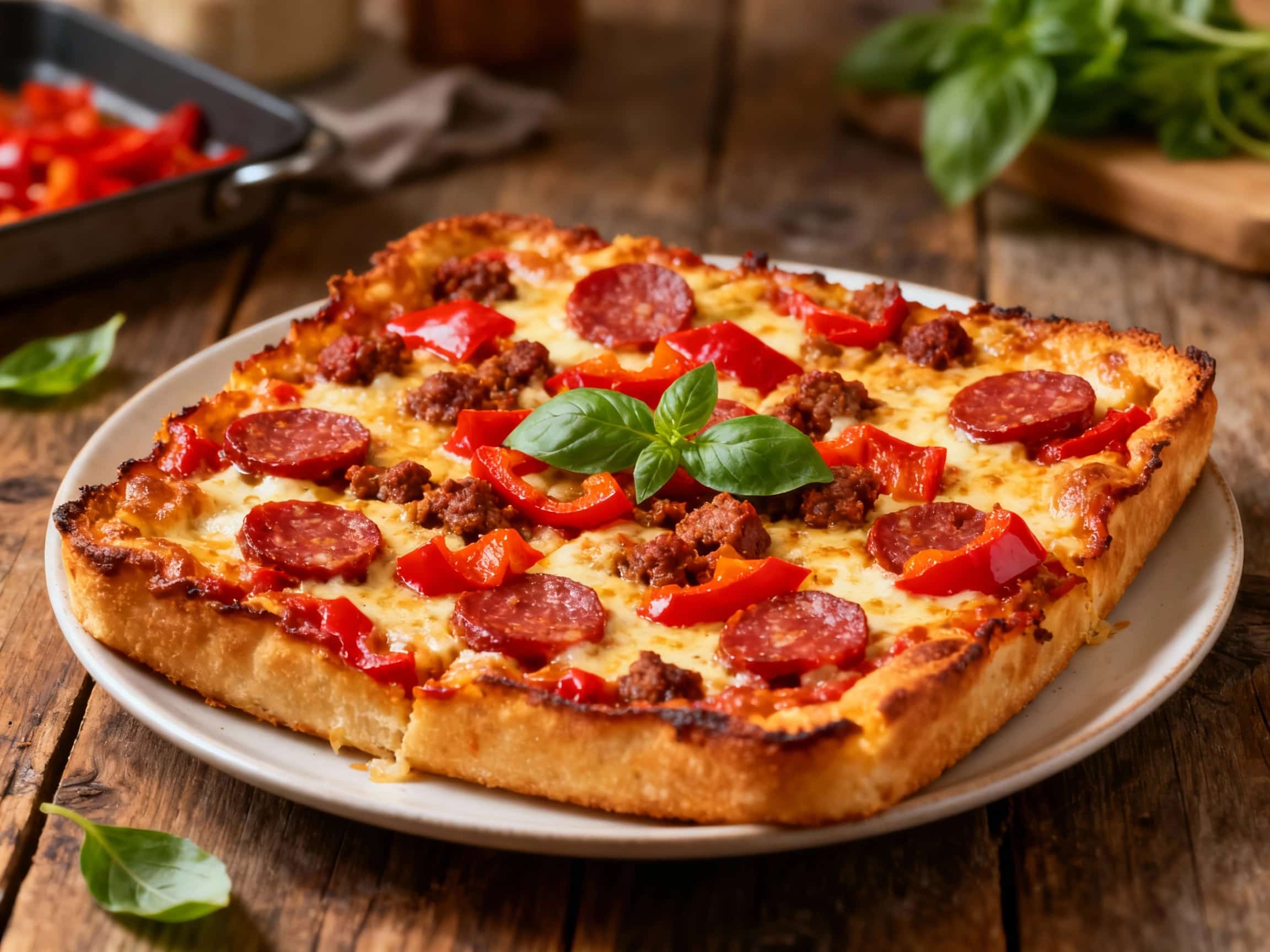 Chorizo and Roasted Red Pepper Detroit Pan Pizza