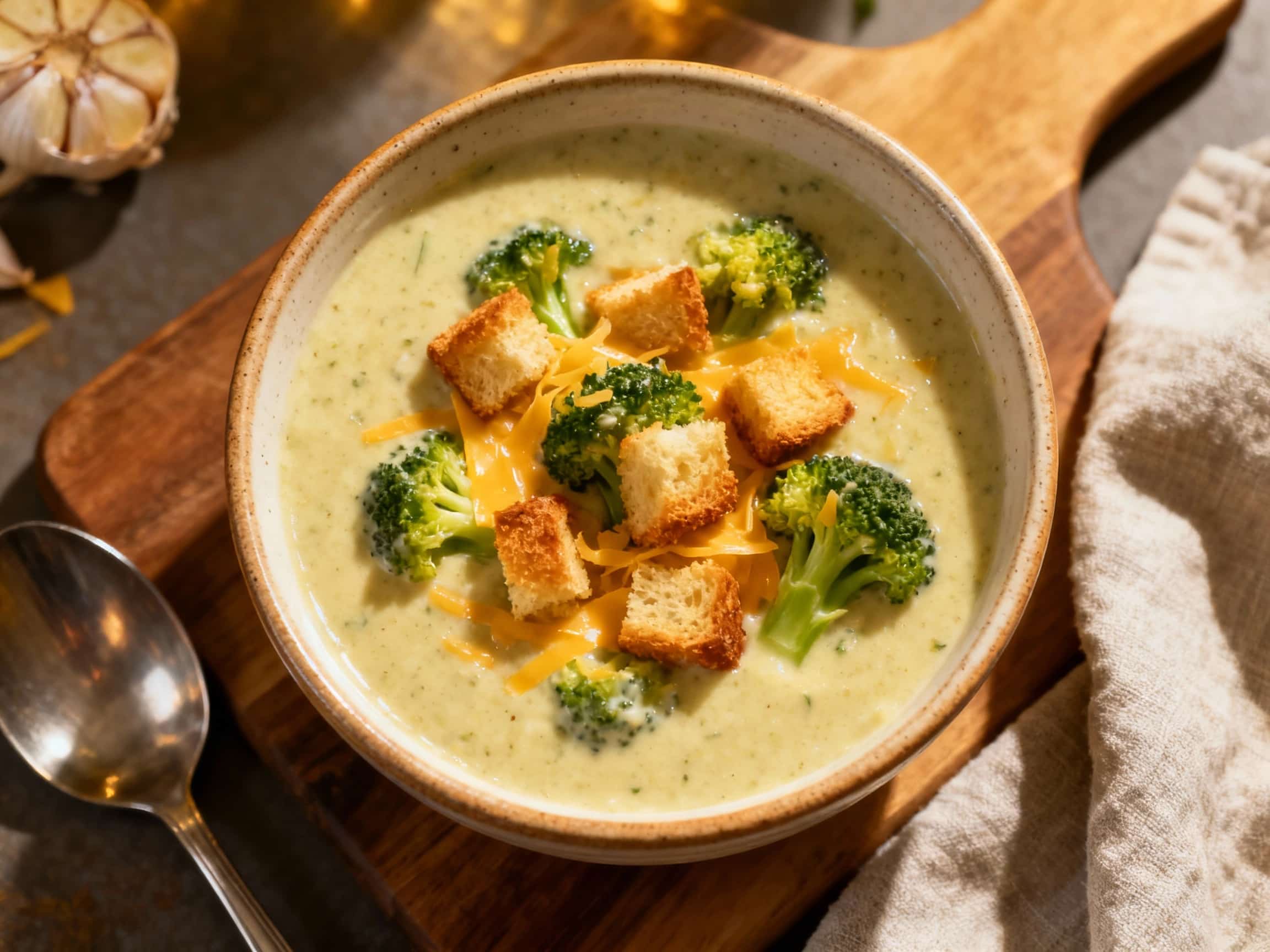 Creamy Broccoli Cheddar Soup with Garlic Croutons