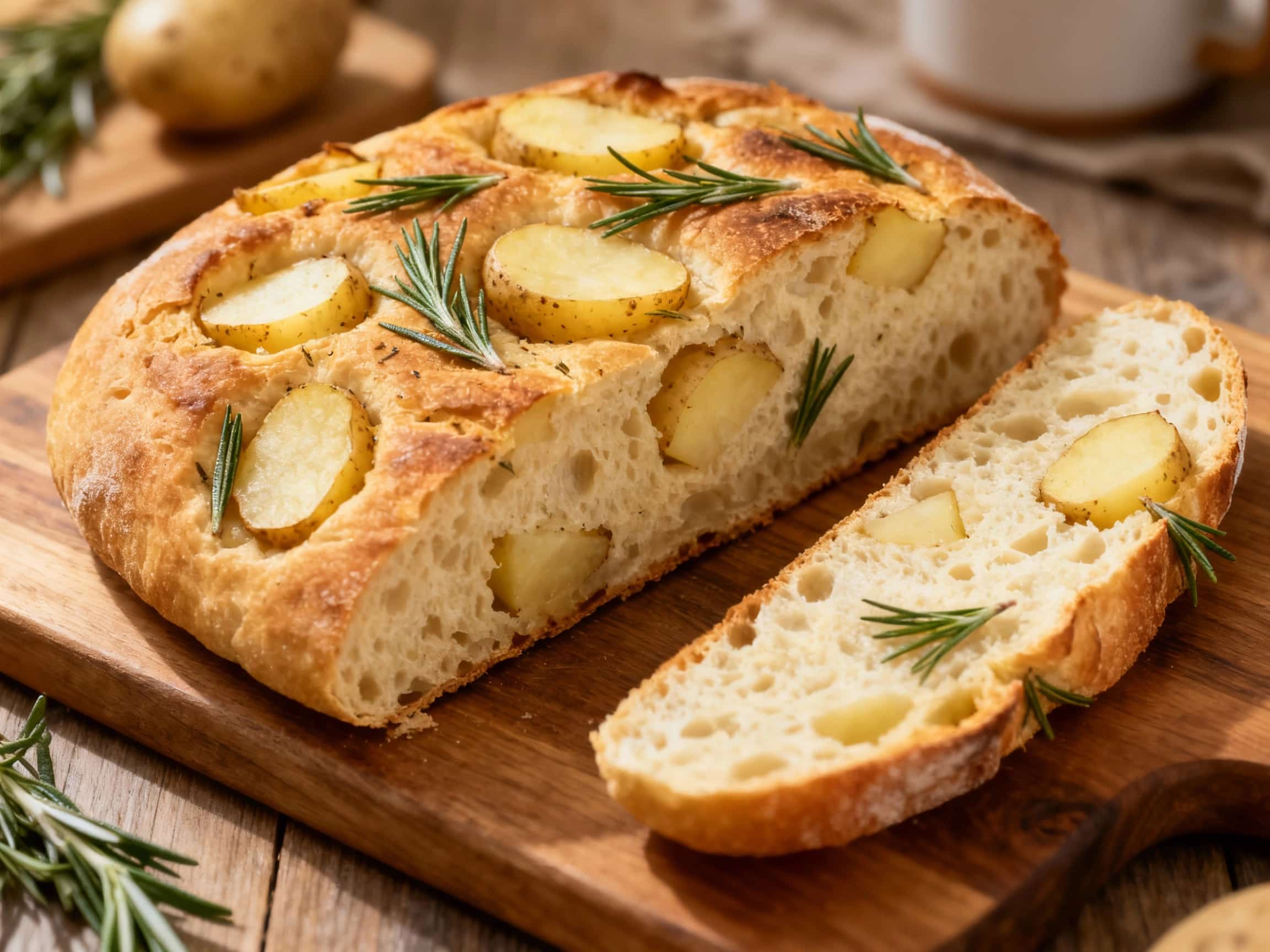 A close-up view of a beautifully golden-brown rustic potato and rosemary focaccia loaf, resting on a wooden cutting board. The focaccia is richly textured with indentations, studded generously with soft potato pieces and aromatic fresh rosemary. A delicate sheen of olive oil coats the top, catching the soft, natural light, emphasizing its freshly baked quality. This artisanal bread evokes warmth a