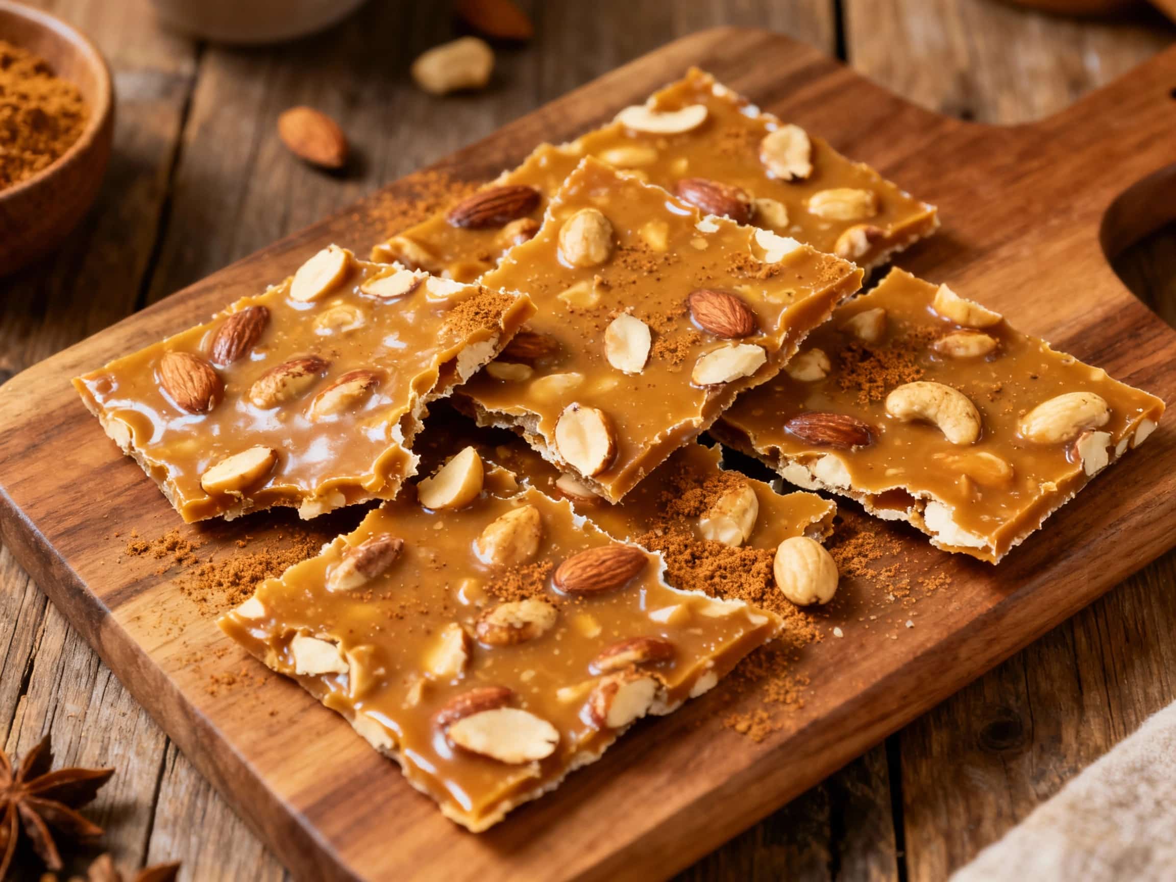 A close-up of chai-spiced caramel nut brittle shards spread out on a rustic wooden board. The brittle has a beautiful golden-brown color and a glossy finish, clearly showing the toasted almonds, pistachios, and pecans embedded within. Each piece reflects light, highlighting its thin, crunchy texture, inviting you to reach out and try a piece of this spiced, sweet treat.
