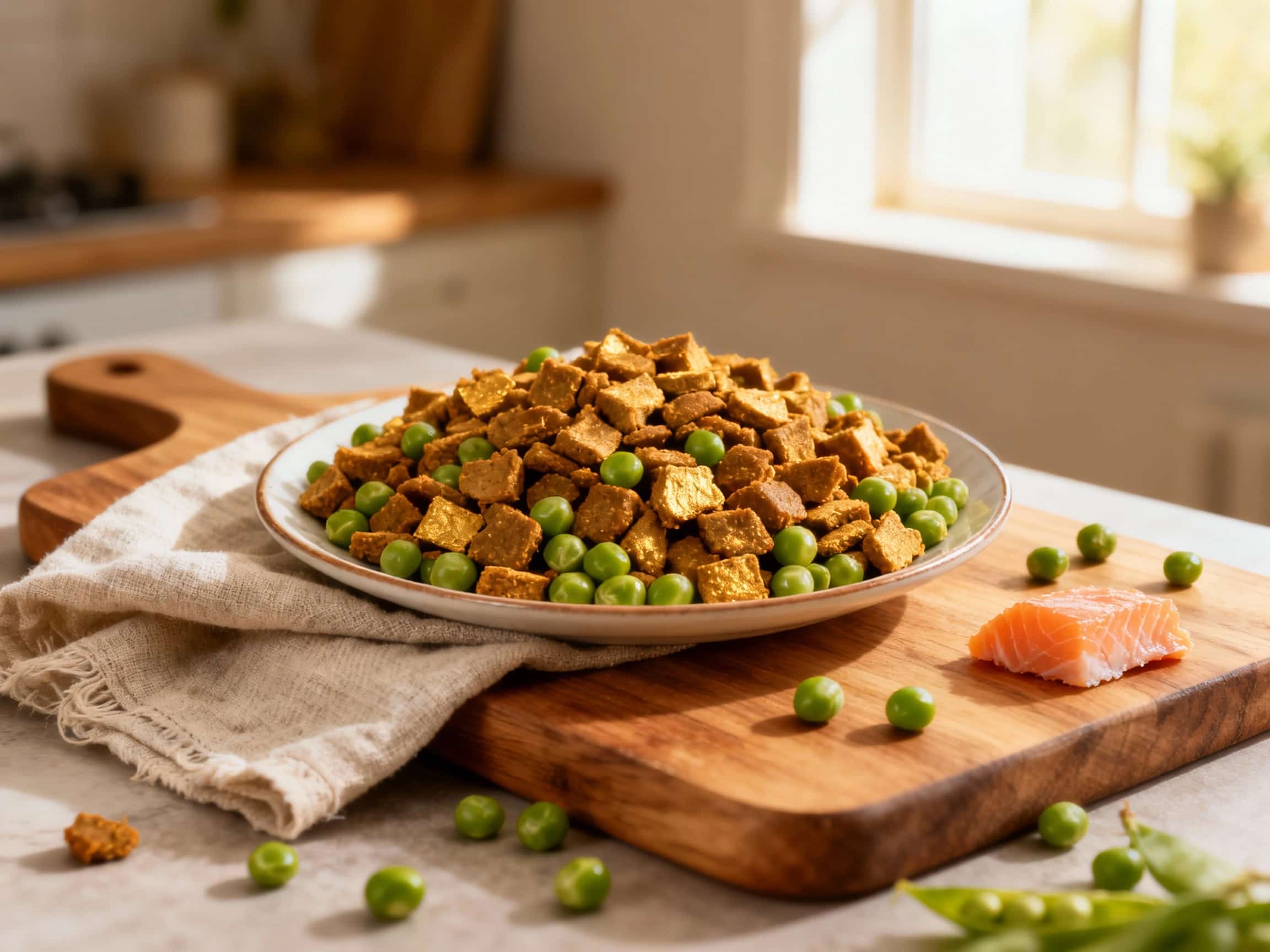 A close-up view of a pristine white ceramic bowl brimming with golden-brown freeze-dried dog kibble. Visible chunks of salmon, whole green peas, and specks of sweet potato are interspersed throughout the nutrient-rich mixture, emphasizing the wholesome ingredients. The bowl rests on a warm, light wood surface, subtly illuminated by soft, natural light, creating a clean and appealing aesthetic for