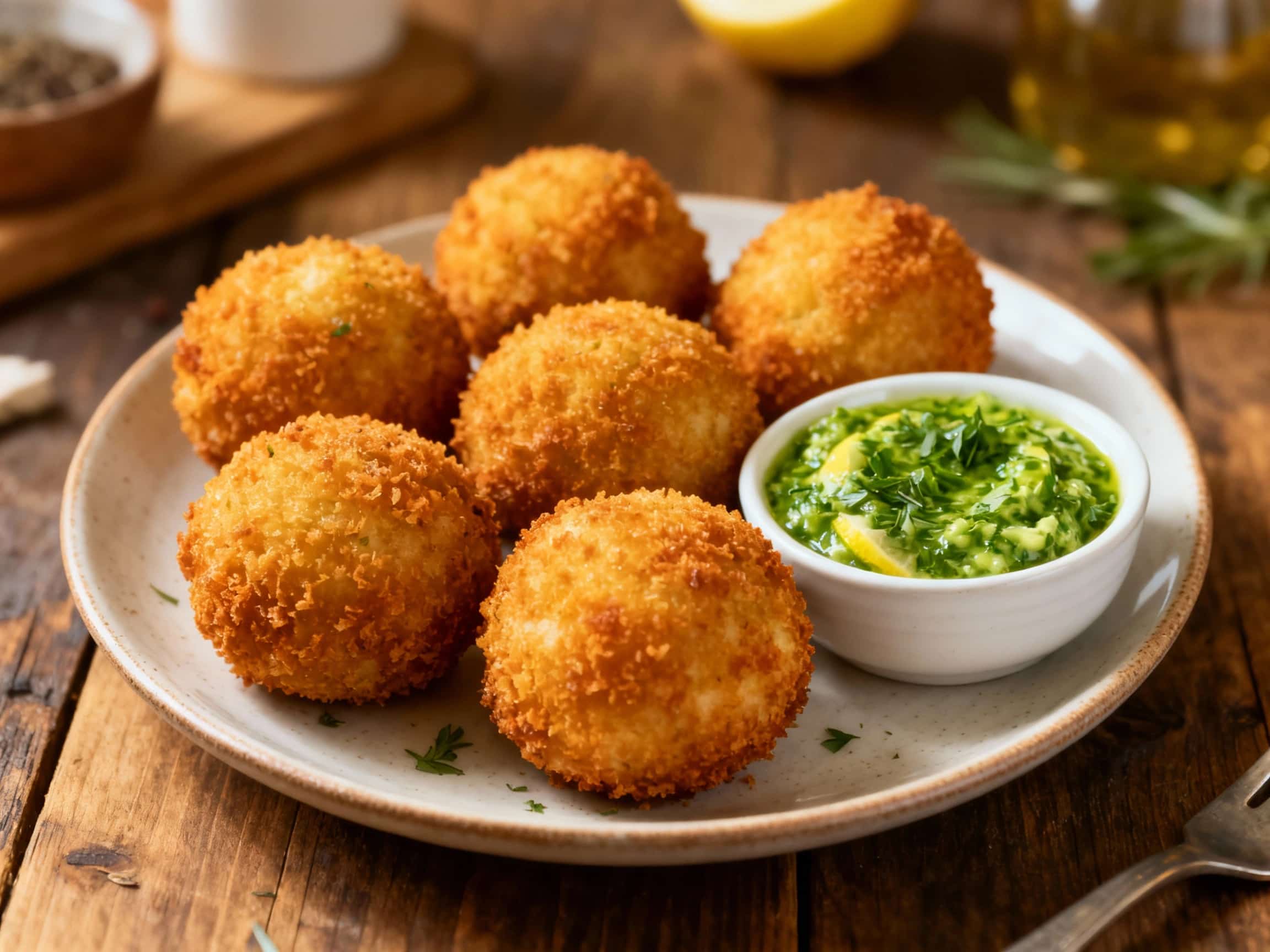 An enticing overhead view of golden-brown arancini balls with a crispy, ridged exterior, nestled on a rustic wooden plank. Beside them, a small white ceramic bowl holds a bright green, creamy lemon-herb dipping sauce, flecked with fresh parsley. The arancini are perfectly round, some with a hint of warm, melted cheese visible, suggesting a delightful interior. The overall presentation is warm and