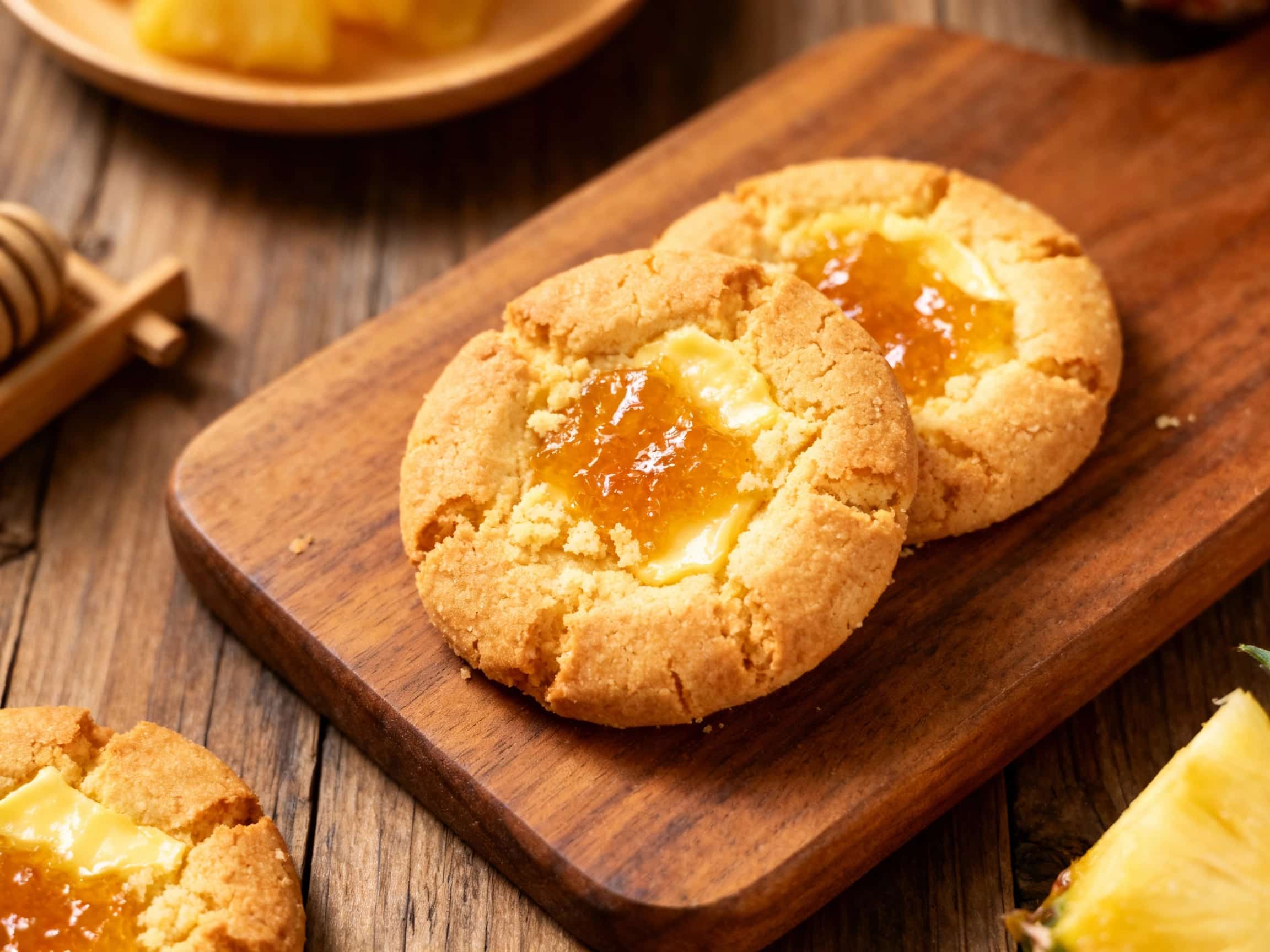 An inviting overhead shot of twelve golden-brown Taiwanese pineapple shortcake cookies artfully arranged on a rustic wooden board. Several cookies are whole, displaying their lightly browned, textured crusts, while others are halved to reveal the sticky, jam-like pineapple filling inside. The warm, inviting presentation highlights the traditional craftsmanship and delicious appeal of these sweet s