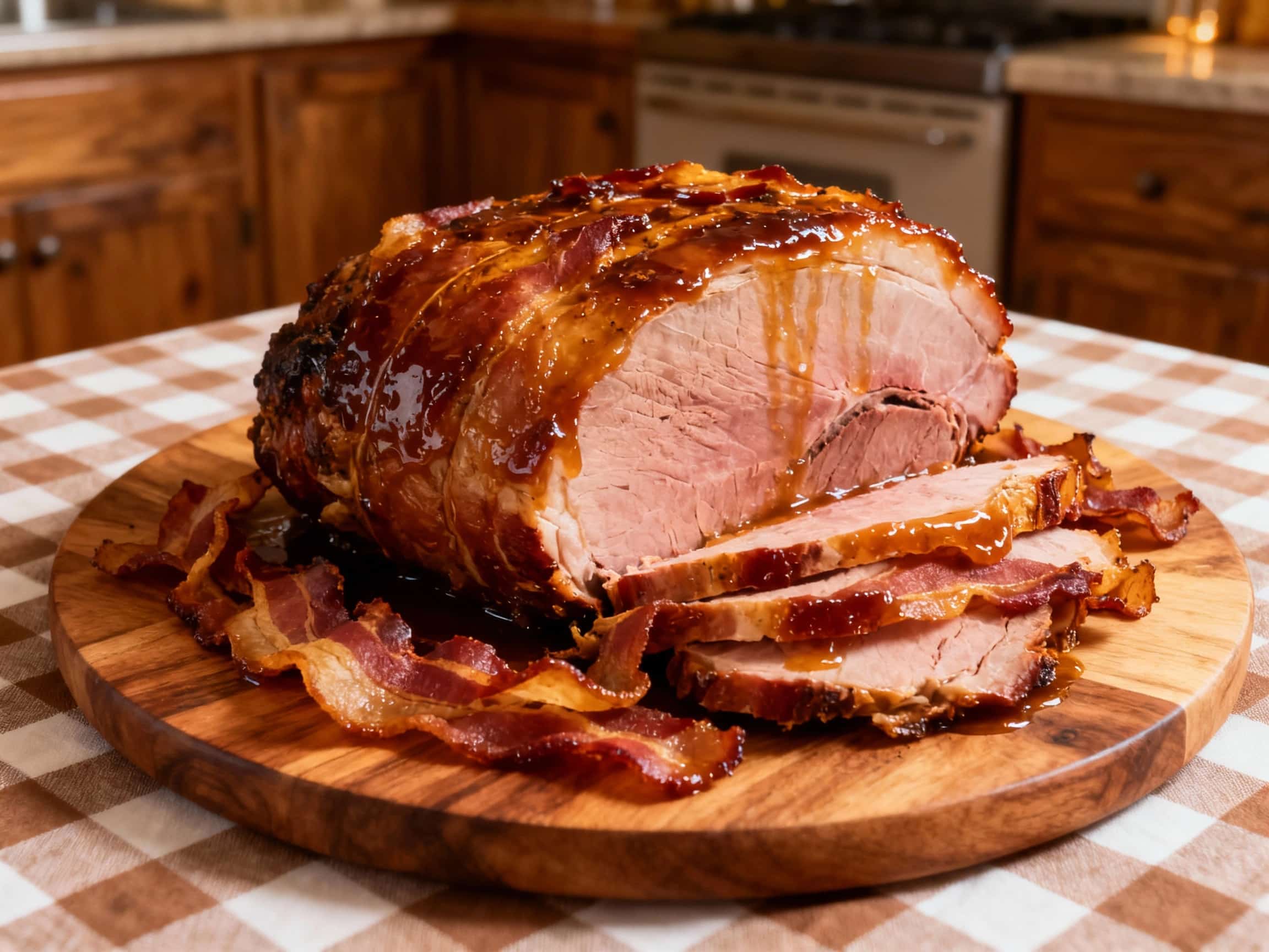 A beautifully carved Maple-Bacon Glazed Ham Roast, featuring a rich, sticky golden-brown glaze studded with crispy bacon pieces. The ham is presented on a rustic wooden board, with some slices already cut, revealing the tender, juicy interior. Fresh rosemary sprigs are scattered around the roast, adding a touch of vibrant green against the warm tones of the ham and board. The overall presentation