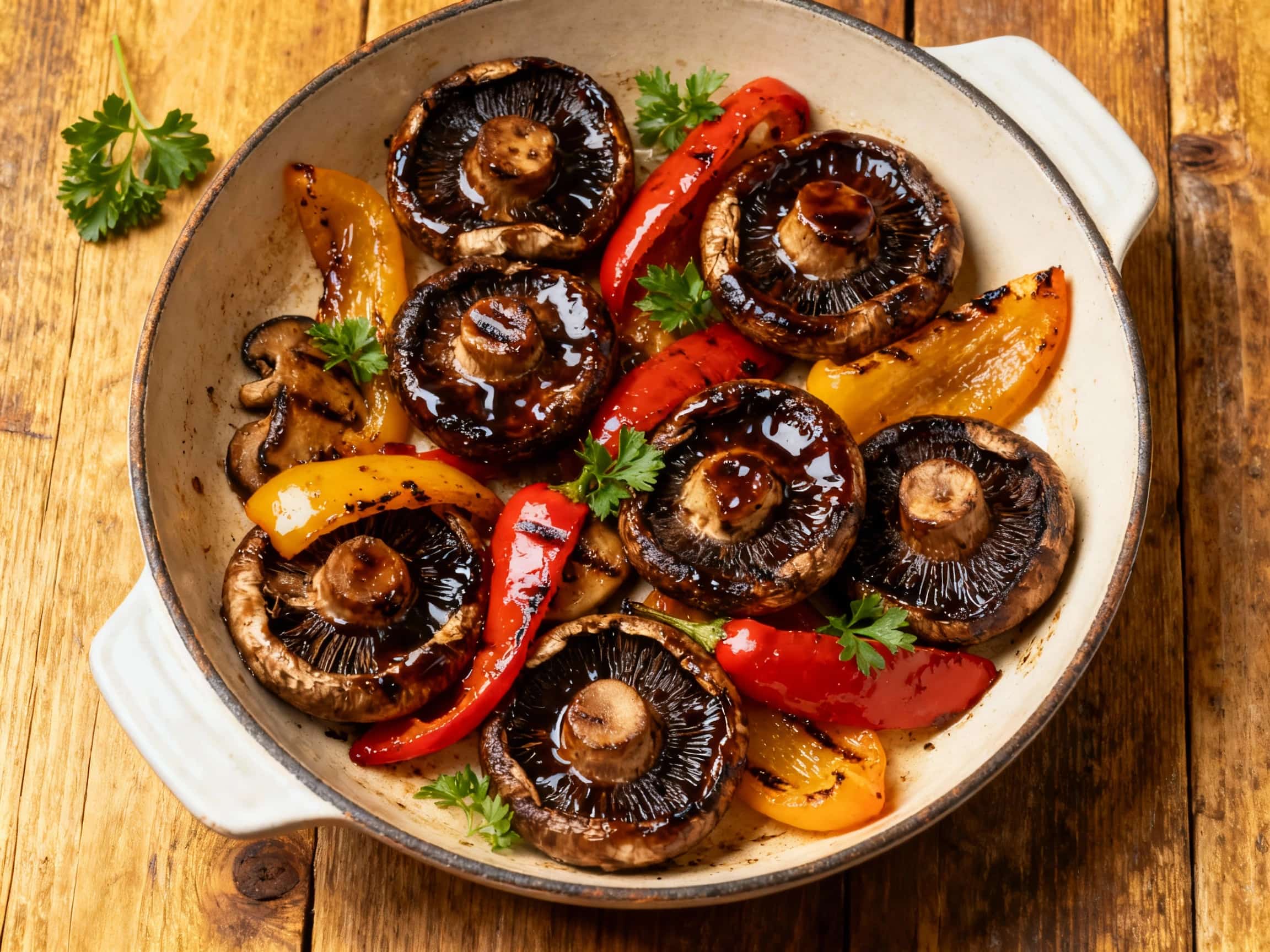 A close-up view of balsamic-glazed portobello mushrooms and colorful bell peppers, tender and glistening with a dark, sweet, and tangy sauce, served enticingly on a rustic wooden board. Fresh green herbs like rosemary and thyme are artfully sprinkled over the dish, adding a touch of freshness. The vegetables, including meaty portobello caps and vibrant red, yellow, and orange bell pepper strips, a