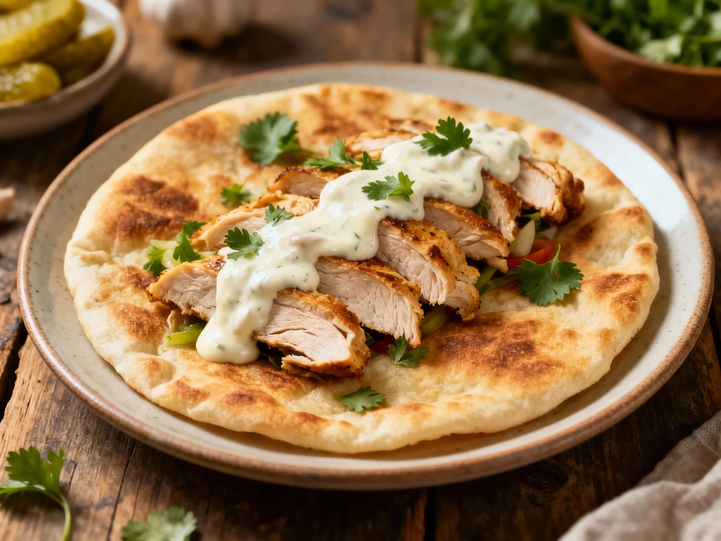 Two chicken shawarma flatbreads, bursting with golden-brown chicken, shredded lettuce, diced tomatoes, and fresh parsley, sit on a dark wooden cutting board. A creamy garlic tahini sauce is drizzled over the top, highlighting the rich colors and textures of the Middle Eastern meal. The flatbreads are invitingly folded, ready to be enjoyed, against a softly blurred, rustic background.