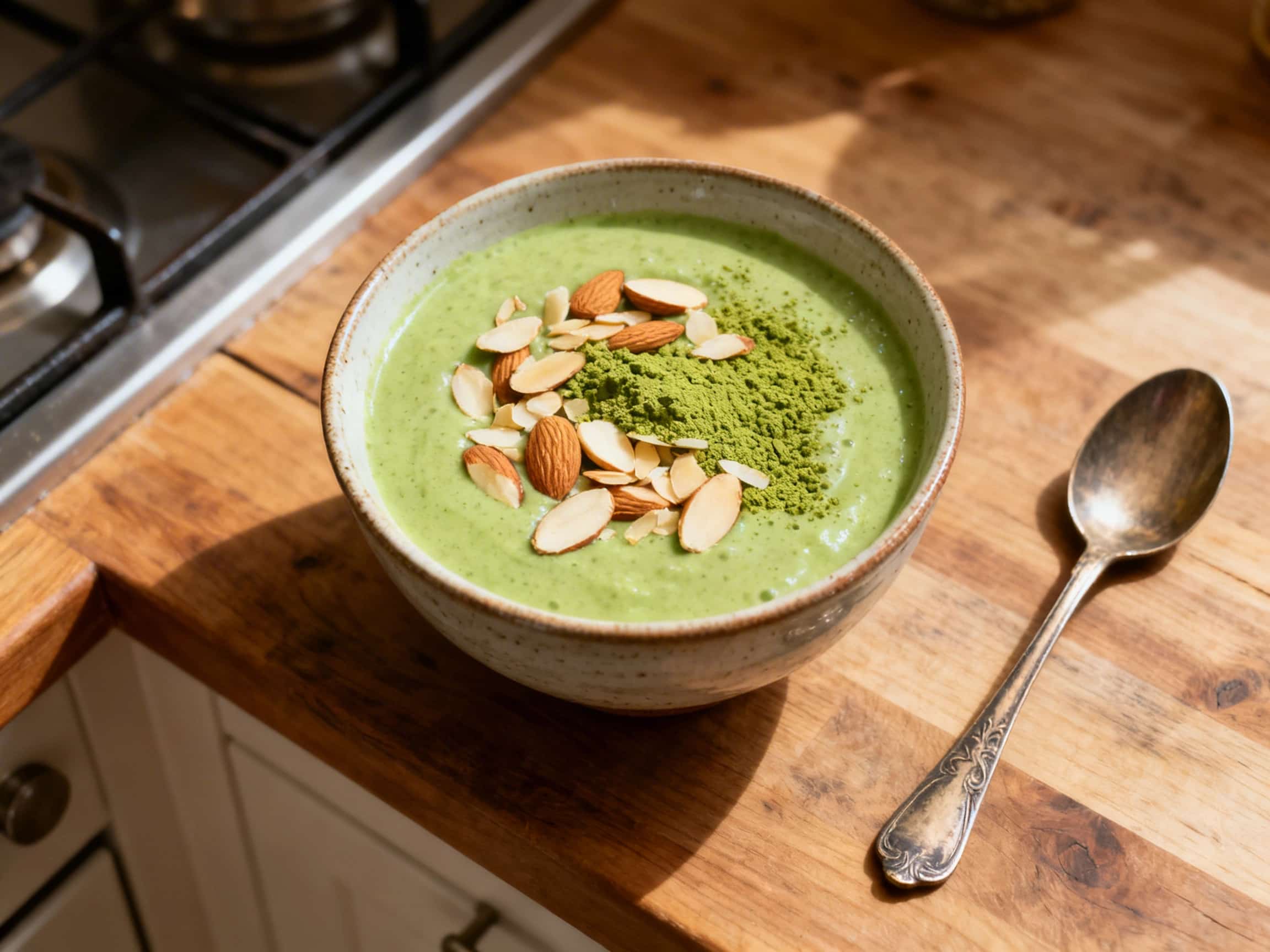 A vibrant jade green matcha almond smoothie in a tall, clear glass, garnished with a sprinkle of matcha powder and a curled lime peel. Fresh spinach and ginger are artfully placed next to the glass on a wooden surface, illuminated by natural light, showcasing the smoothie's smooth and appealing texture.